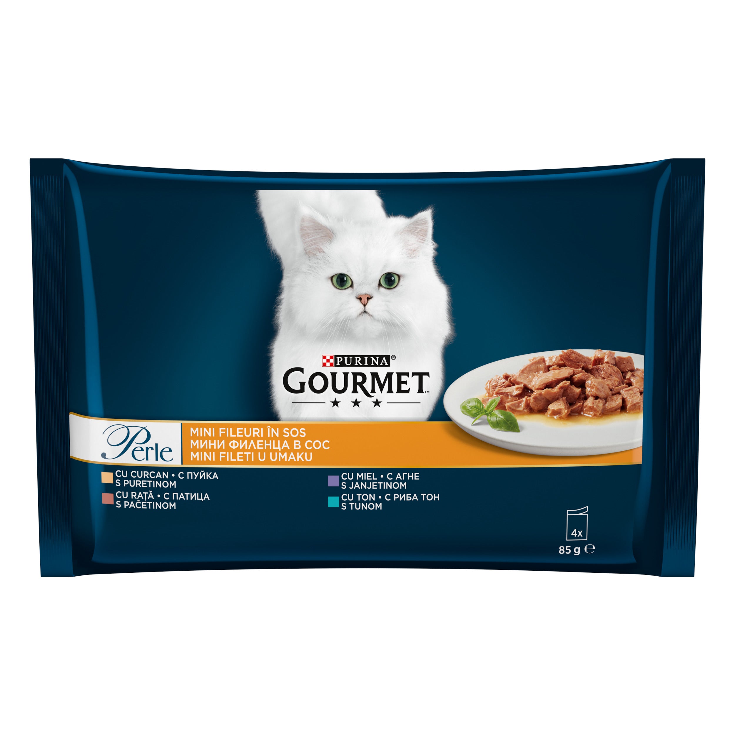 Gourmet Perle – Mini Fileuri cu Curcan, Rață, Miel & Ton în sos (4x85g)