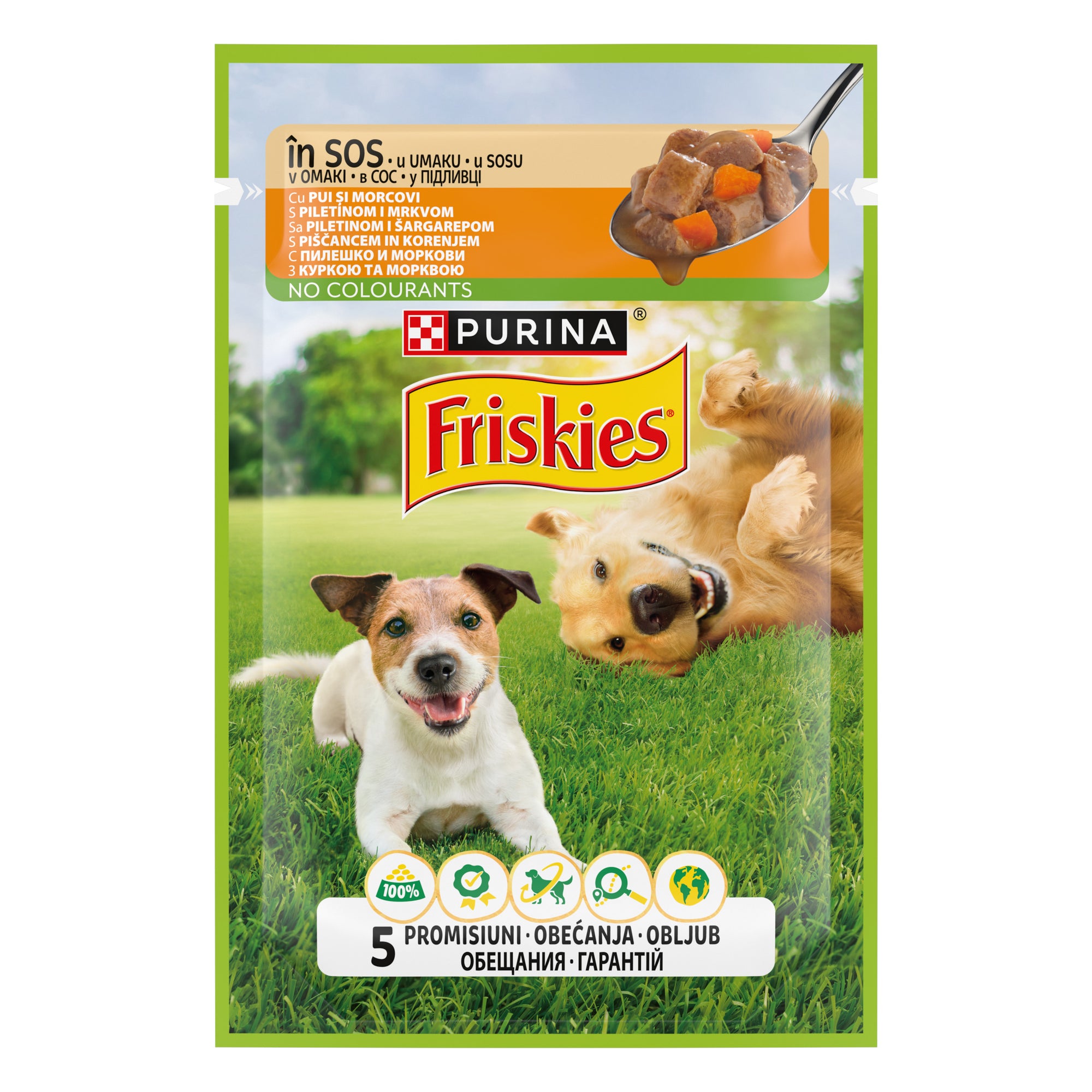 Friskies Adult cu Pui & Morcovi – Hrană umedă pentru câini (85 g)