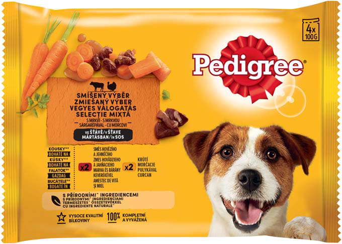 Pedigree Plic Adult cu Vită, Miel, Curcan și Morcov 4x100g