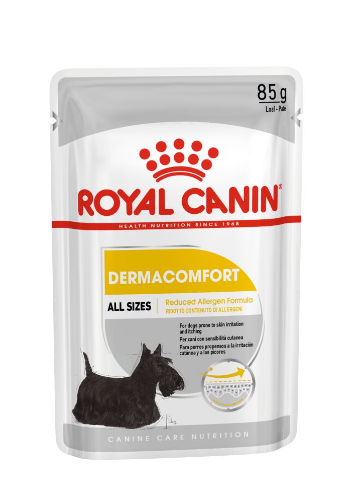 Royal Canin Dermacomfort Adult hrana umeda caine, prevenirea iritatiilor pielii (pate)