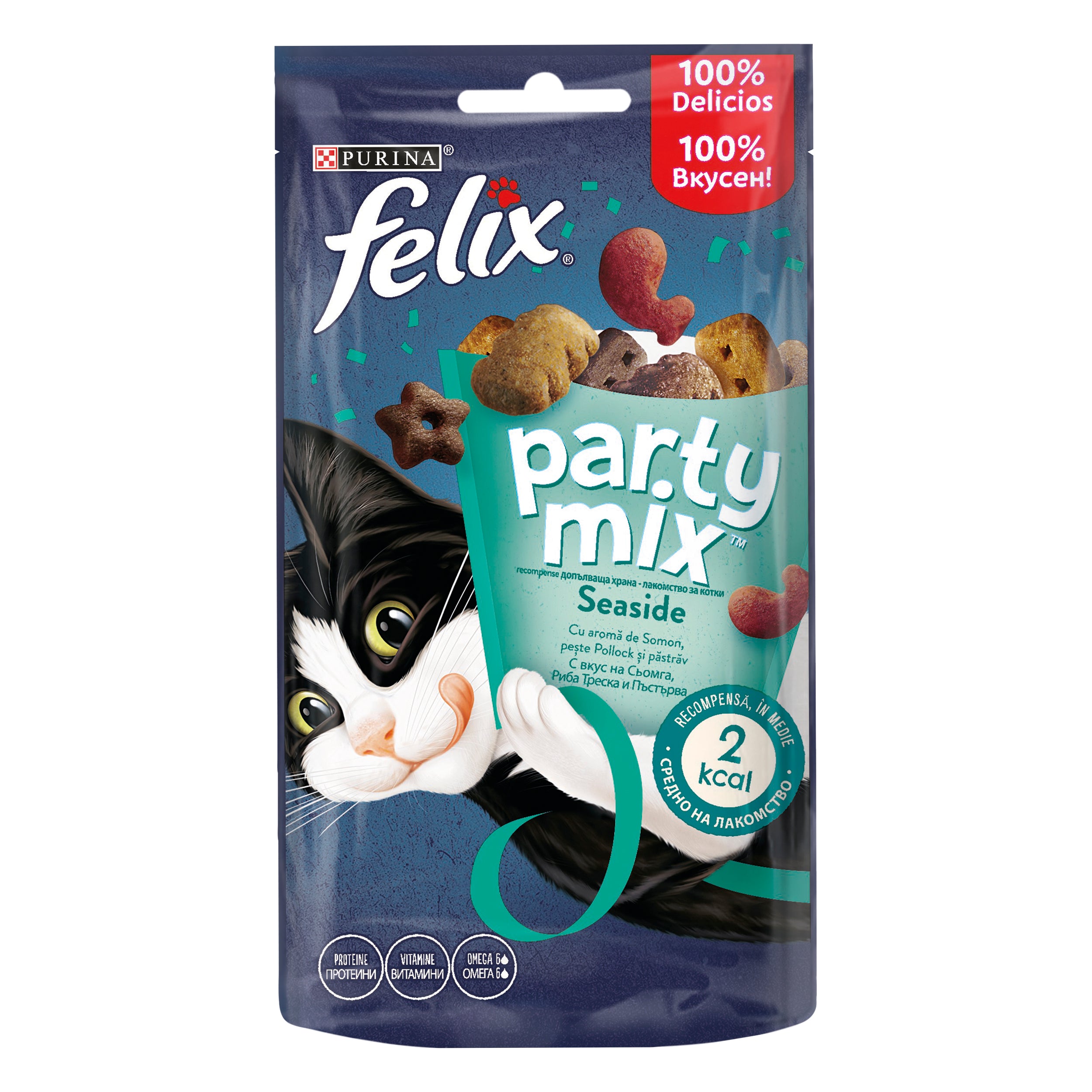 Felix Party Mix Seaside – Recompense pentru pisici cu Somon, Pește Pollock și Păstrăv (60g)