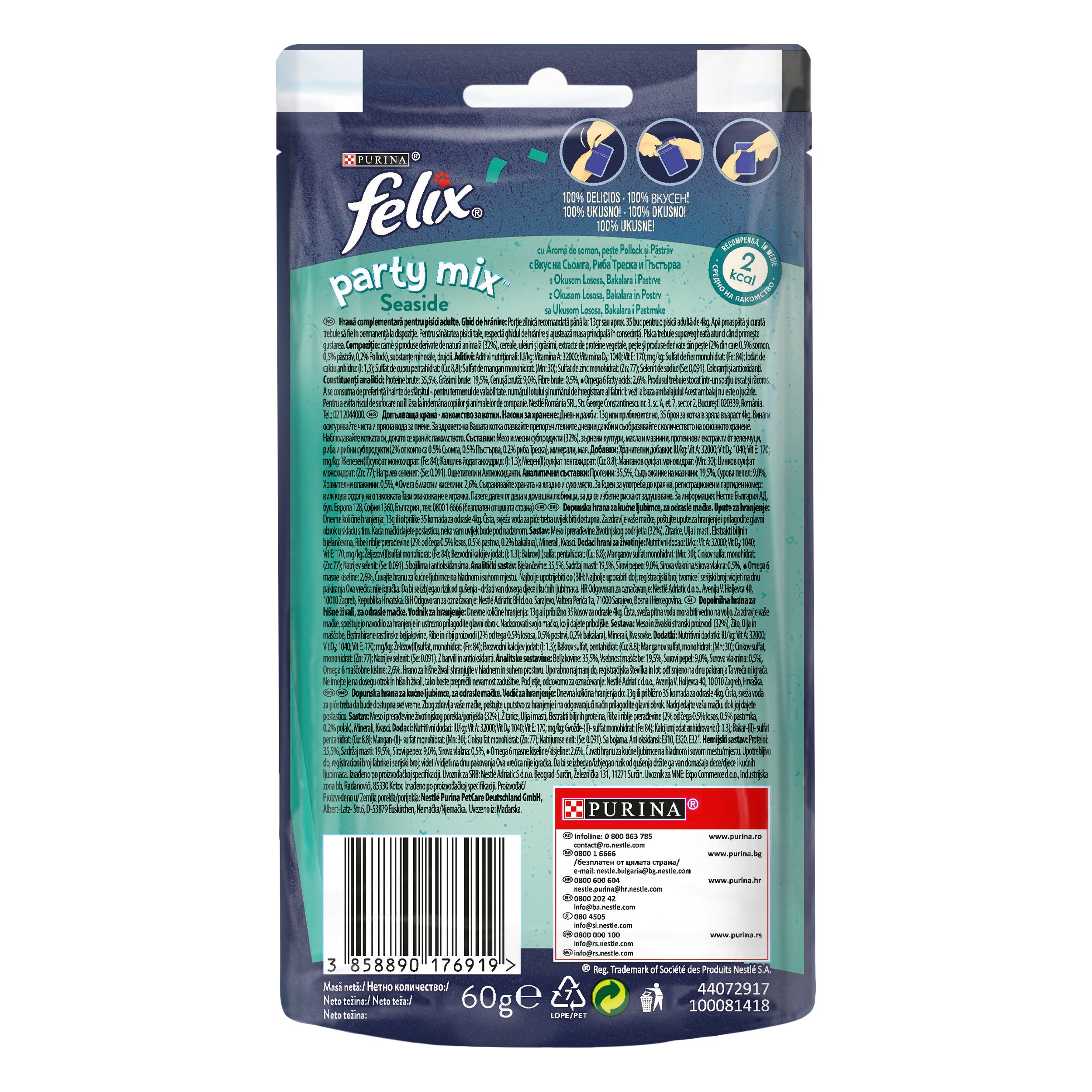 Felix Party Mix Seaside – Recompense pentru pisici cu Somon, Pește Pollock și Păstrăv (60g)