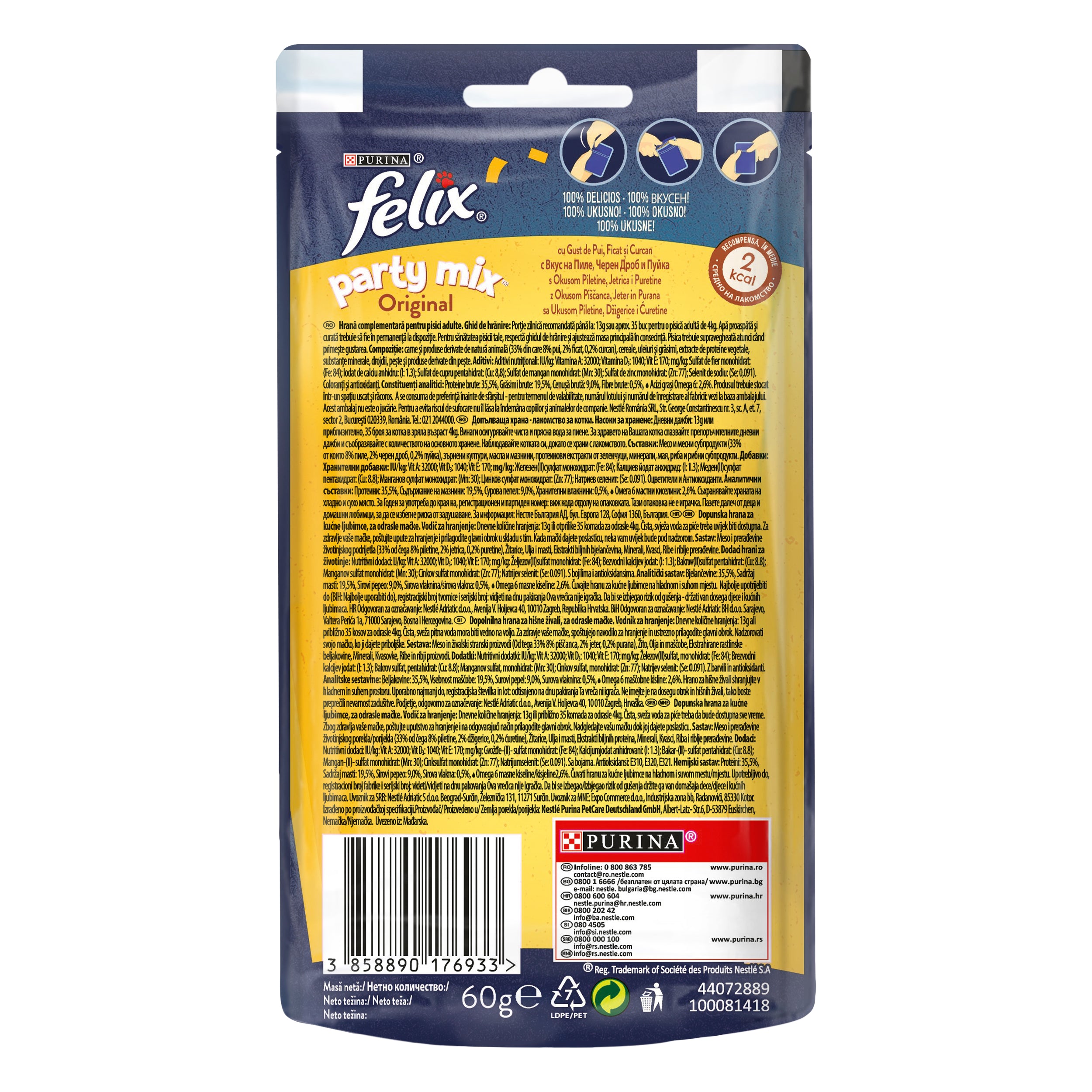 Felix Party Mix Original – Recompense pentru pisici cu Pui, Ficat și Curcan (60g)