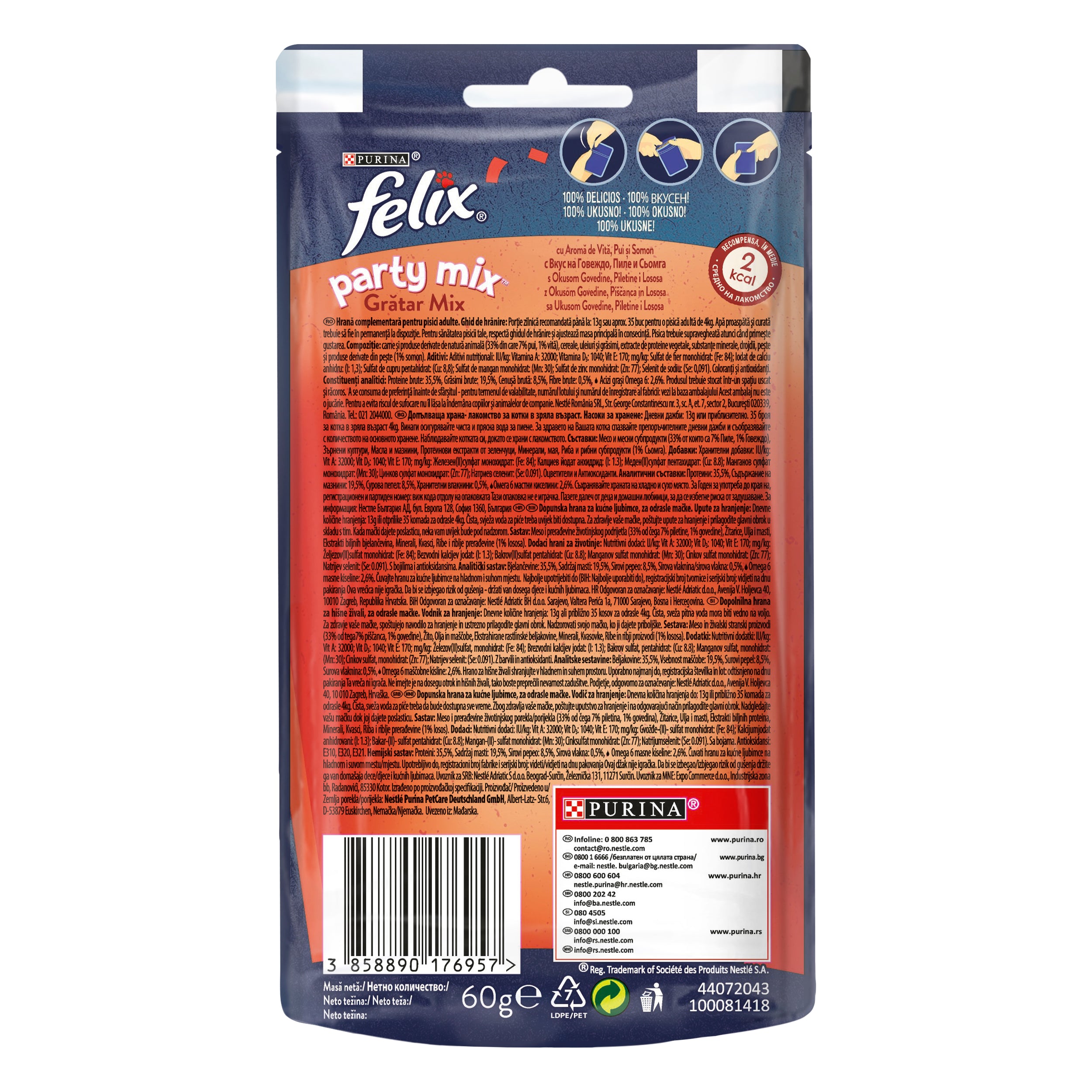 Felix Party Mix Mixed Grill – Recompense pentru pisici cu Vită, Pui și Somon (60g)