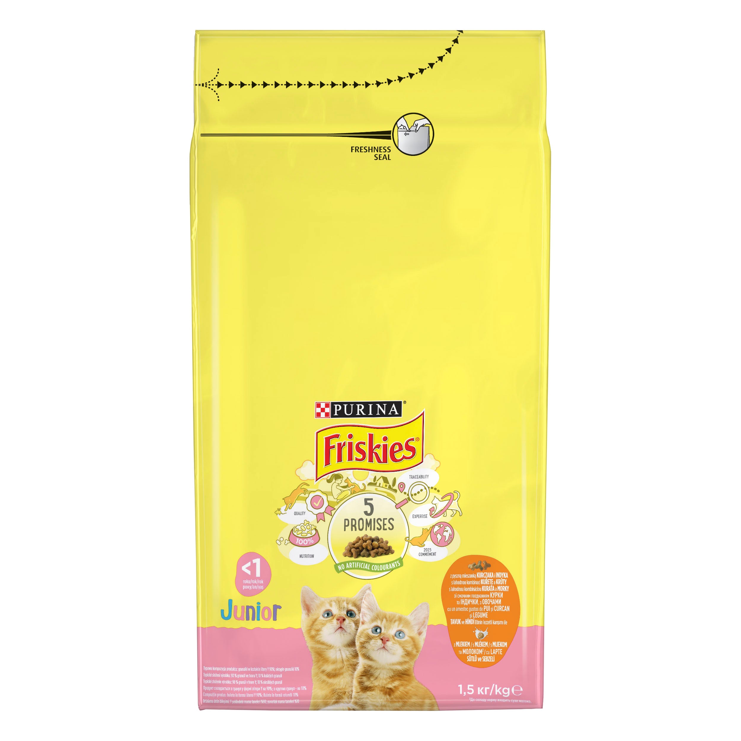 Friskies Junior cu Pui, Curcan, Legume și Lapte – Hrană uscată pentru pui de pisică