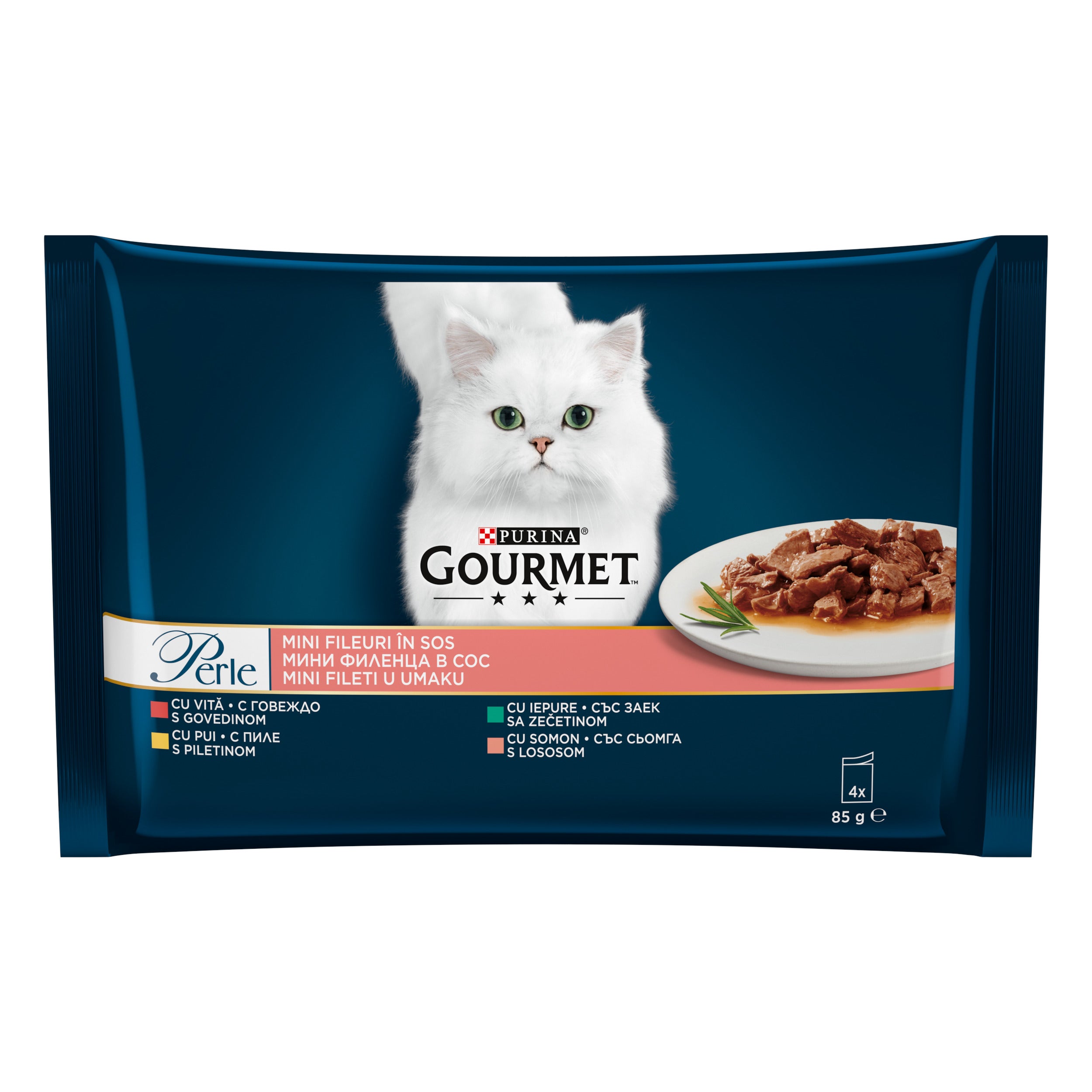 Gourmet Perle – Mini Fileuri cu Vită, Pui, Iepure și Somon (4x85g)