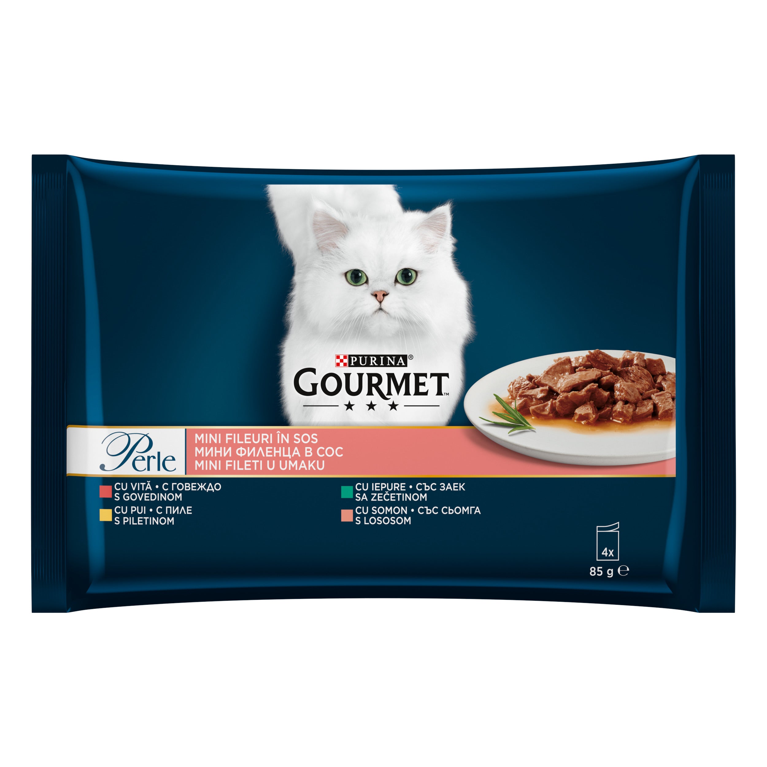 Gourmet Perle – Mini Fileuri cu Vită, Pui, Iepure și Somon (4x85g)