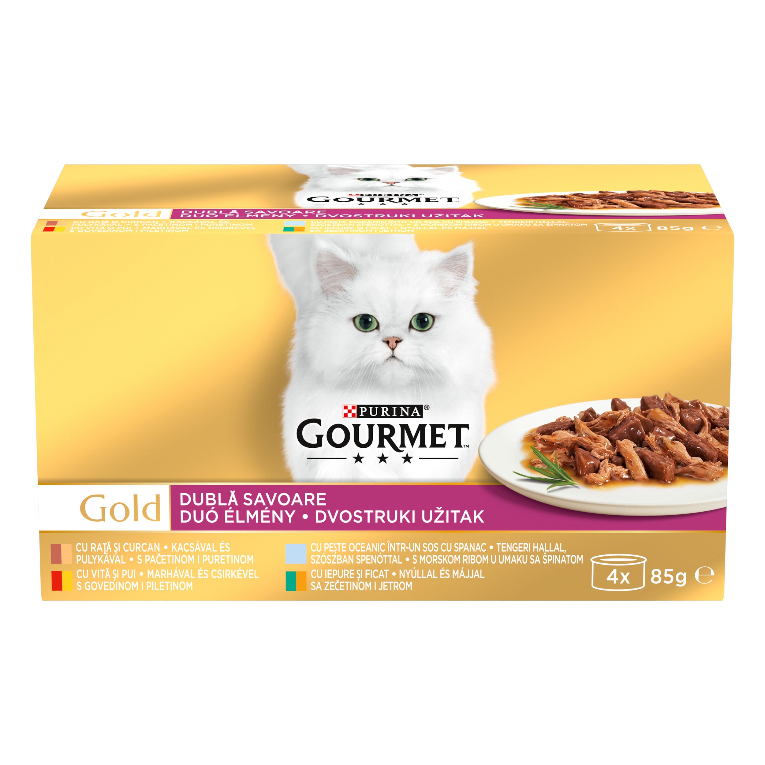 GOURMET® Gold Dublă Savoare – Vită & Pui, Rață & Curcan, Pește Oceanic & Spanac, Iepure & Ficat (4x85g)