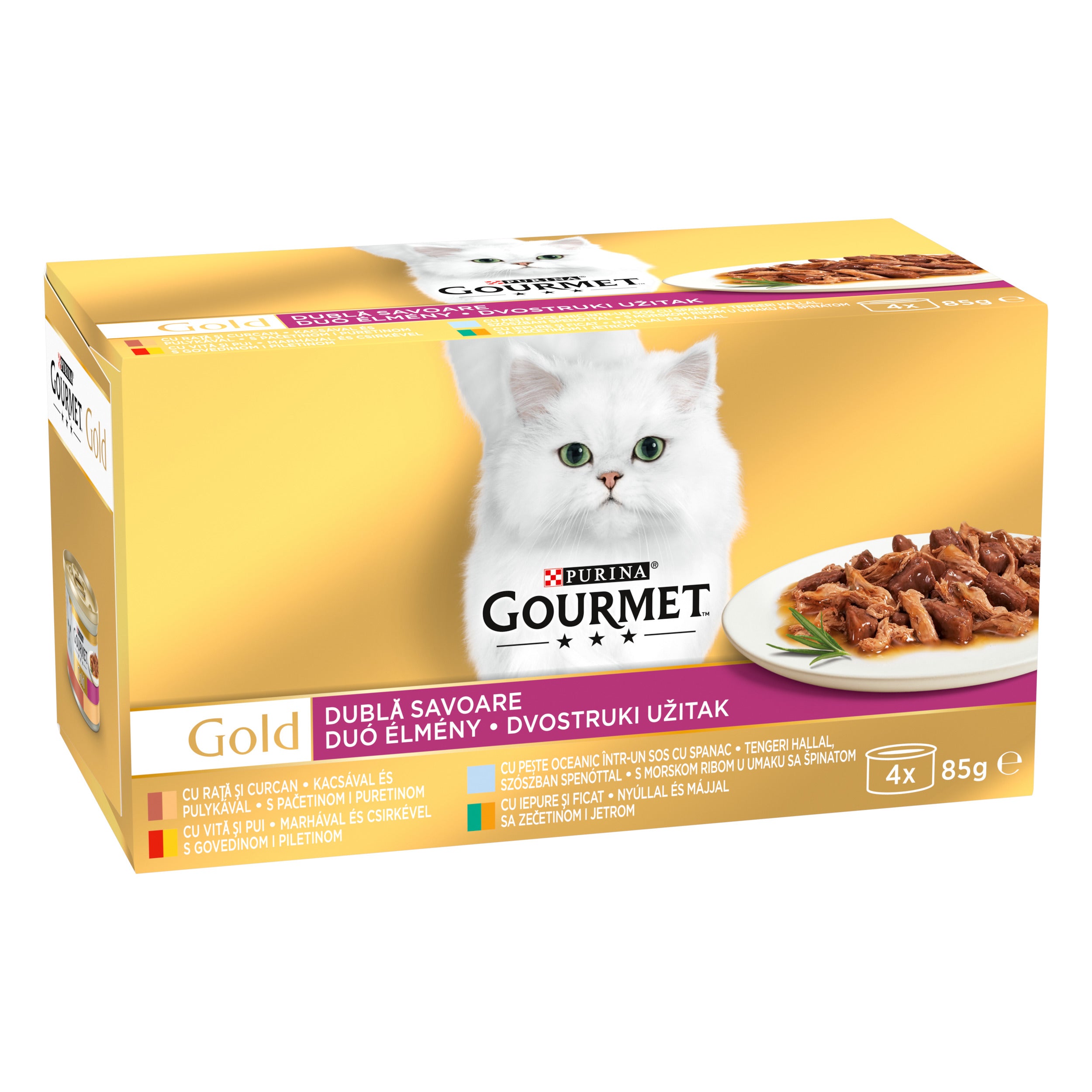 GOURMET® Gold Dublă Savoare – Vită & Pui, Rață & Curcan, Pește Oceanic & Spanac, Iepure & Ficat (4x85g)