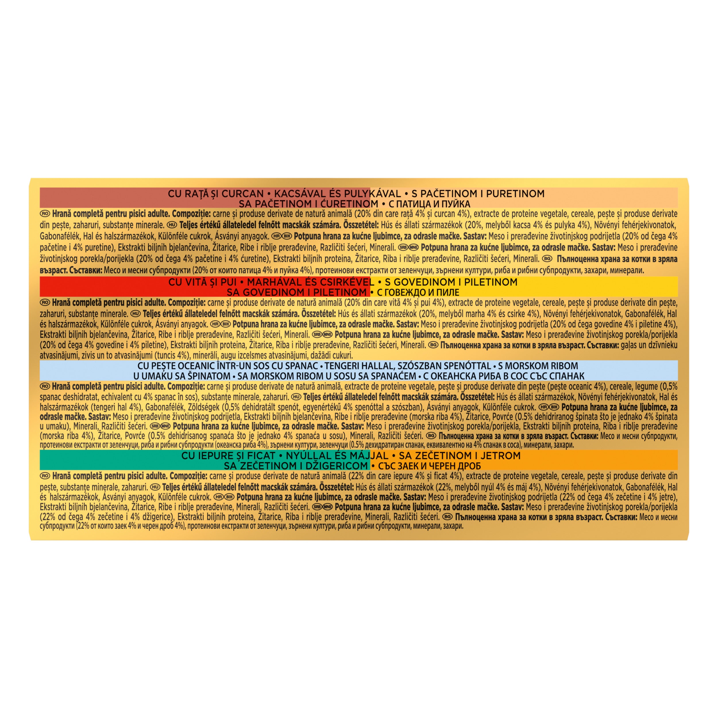 GOURMET® Gold Dublă Savoare – Vită & Pui, Rață & Curcan, Pește Oceanic & Spanac, Iepure & Ficat (4x85g)