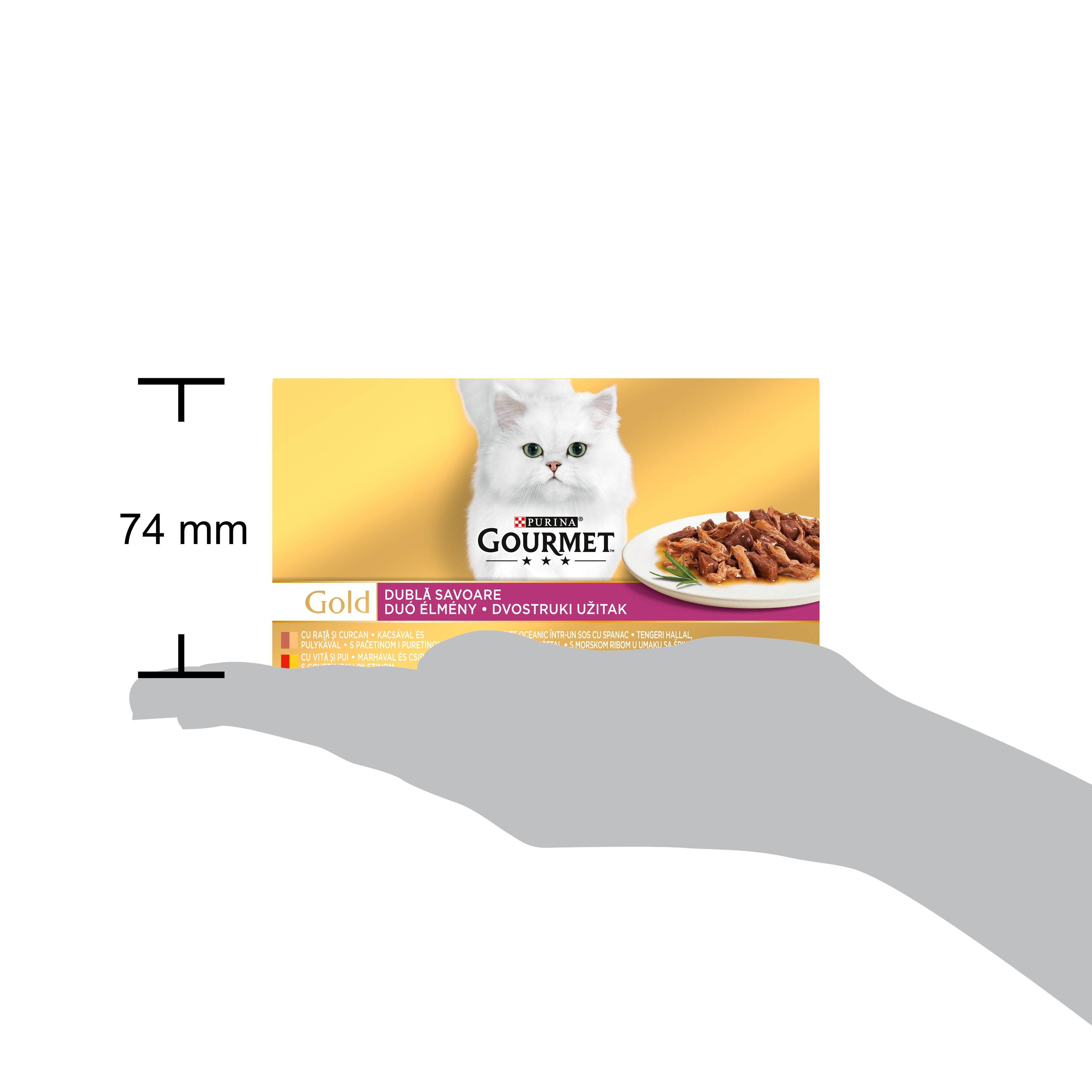 GOURMET® Gold Dublă Savoare – Vită & Pui, Rață & Curcan, Pește Oceanic & Spanac, Iepure & Ficat (4x85g)
