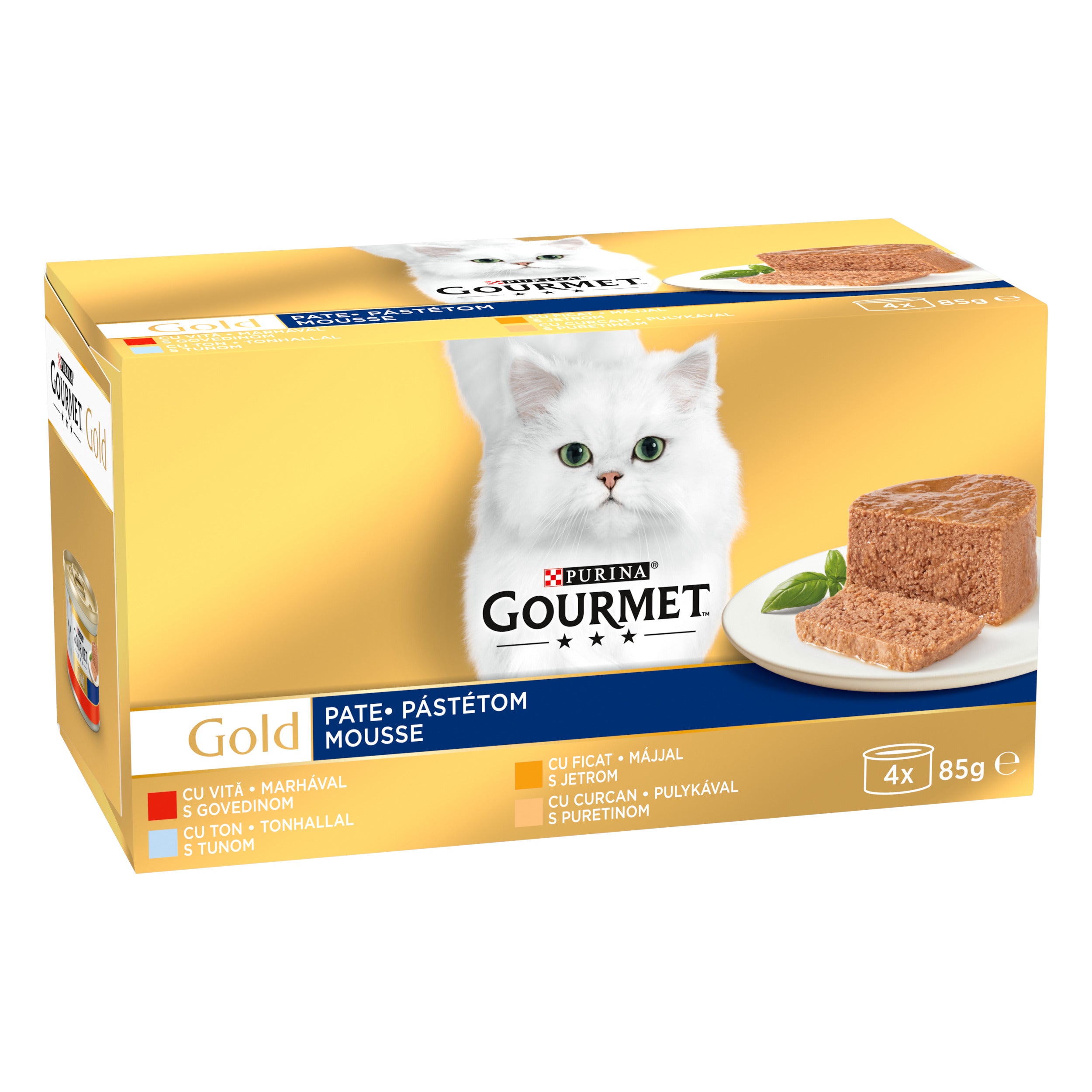 GOURMET® Gold Mousse – Vită, Ton, Ficat, Curcan (4x85g)