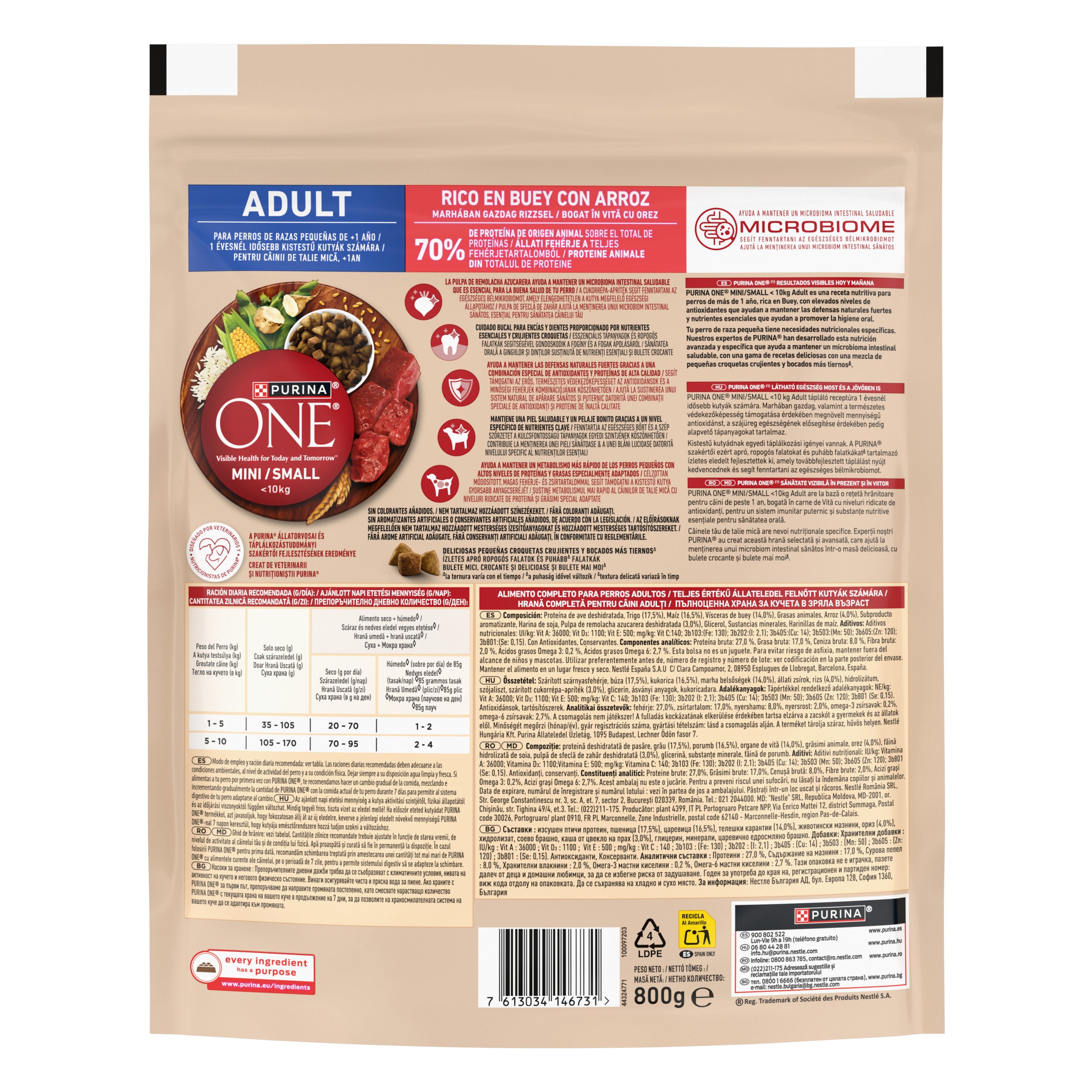 PURINA ONE® Mini Adult Vită & Orez – Câini talie mică, 800g
