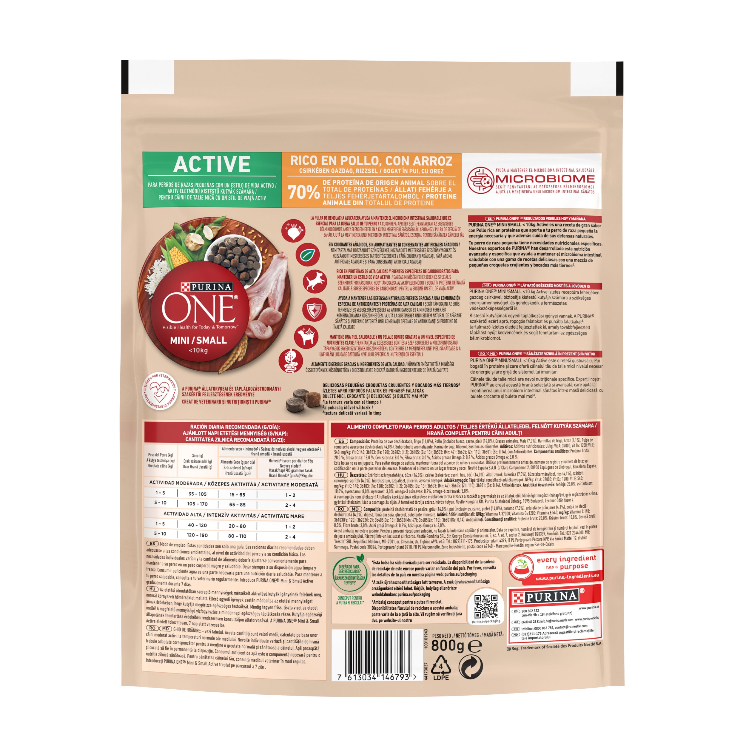 PURINA ONE® Mini Active Pui & Orez – Câini activi talie mică, 800g