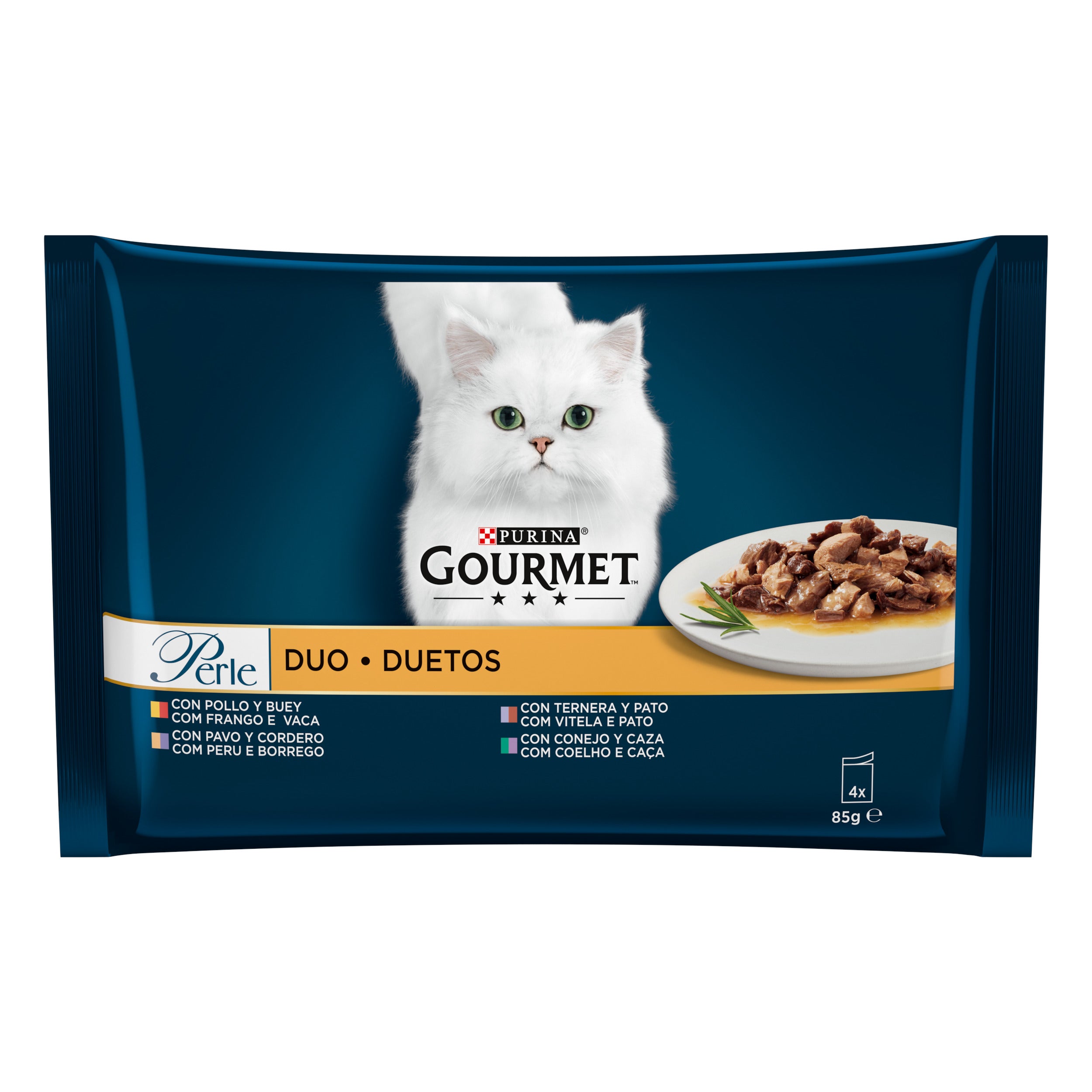 Gourmet Perle – Mini Fileuri cu Pui & Vită, Curcan & Miel, Vițel & Rață, Iepure & Vânat (4x85g)