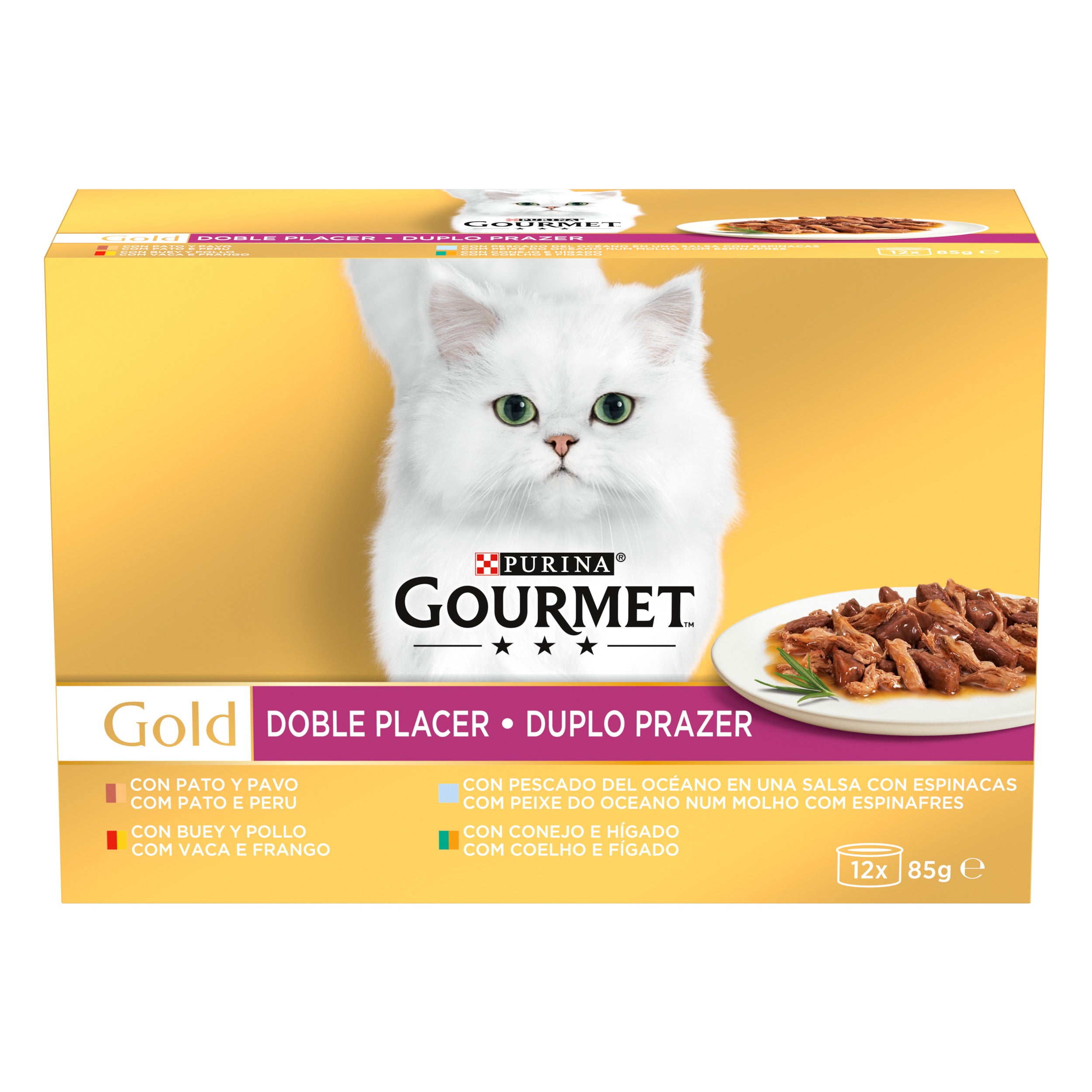 GOURMET® Gold Dublă Savoare – Vită & Pui, Rață & Curcan, Pește Oceanic & Spanac, Iepure & Ficat (12x85g)