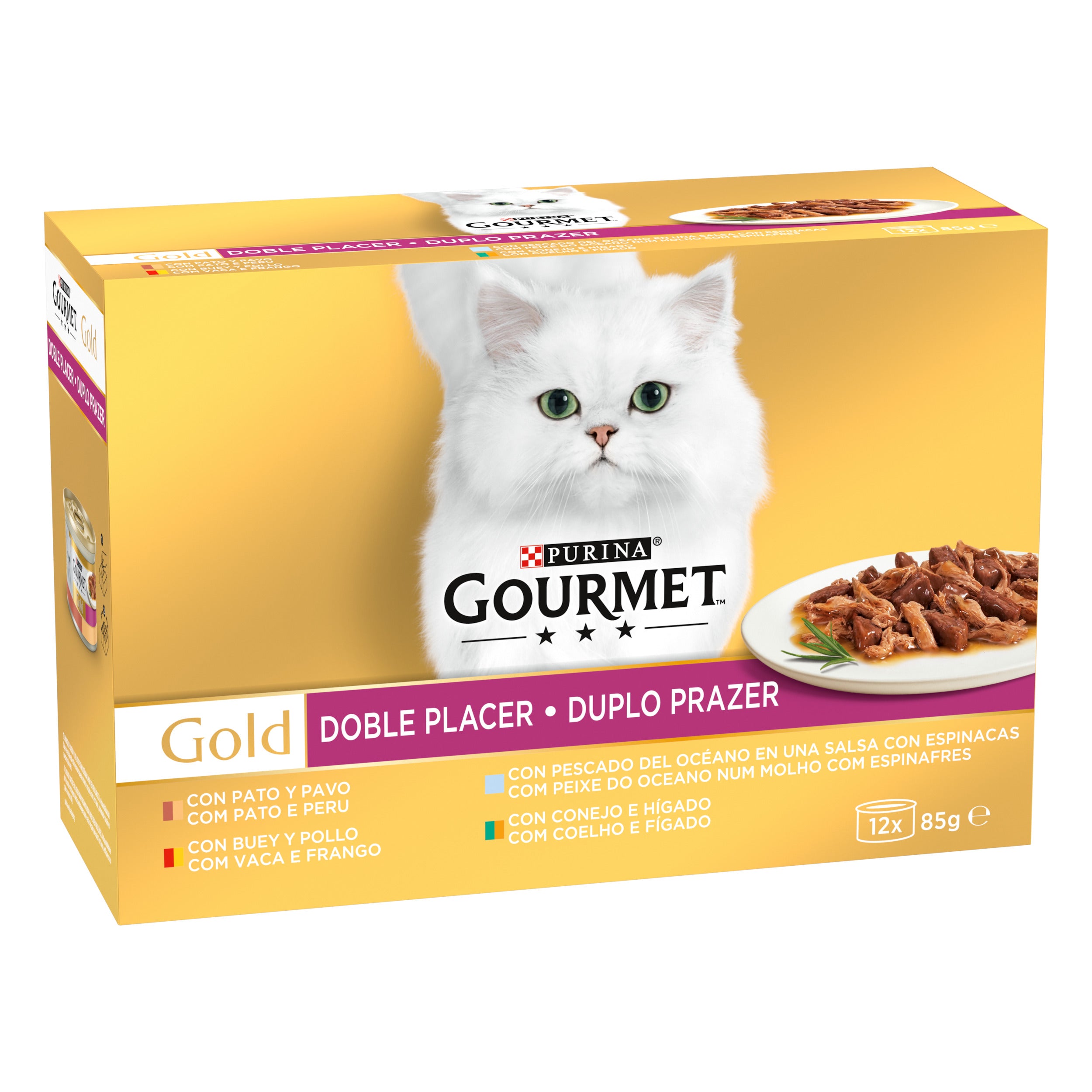GOURMET® Gold Dublă Savoare – Vită & Pui, Rață & Curcan, Pește Oceanic & Spanac, Iepure & Ficat (12x85g)