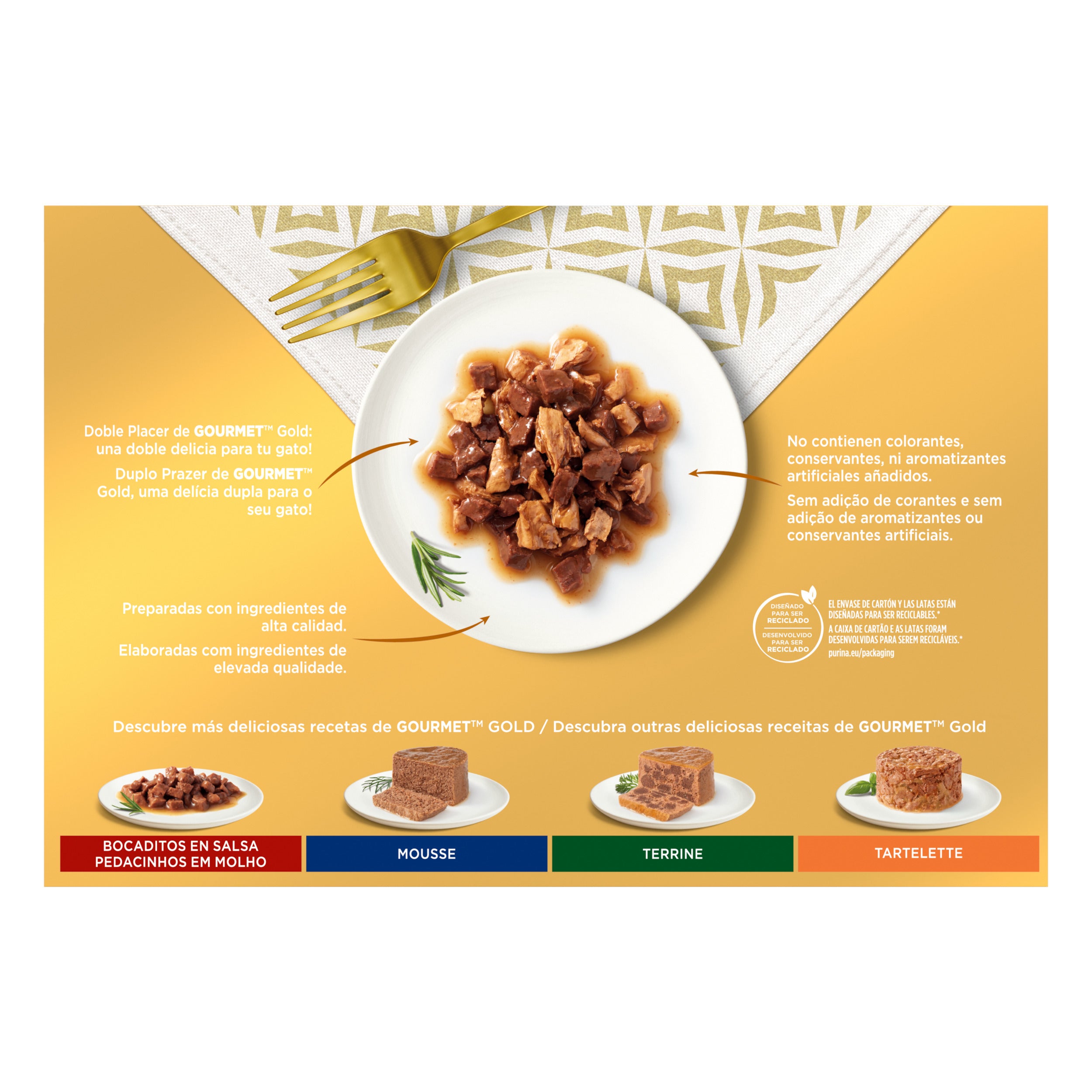 GOURMET® Gold Dublă Savoare – Vită & Pui, Rață & Curcan, Pește Oceanic & Spanac, Iepure & Ficat (12x85g)
