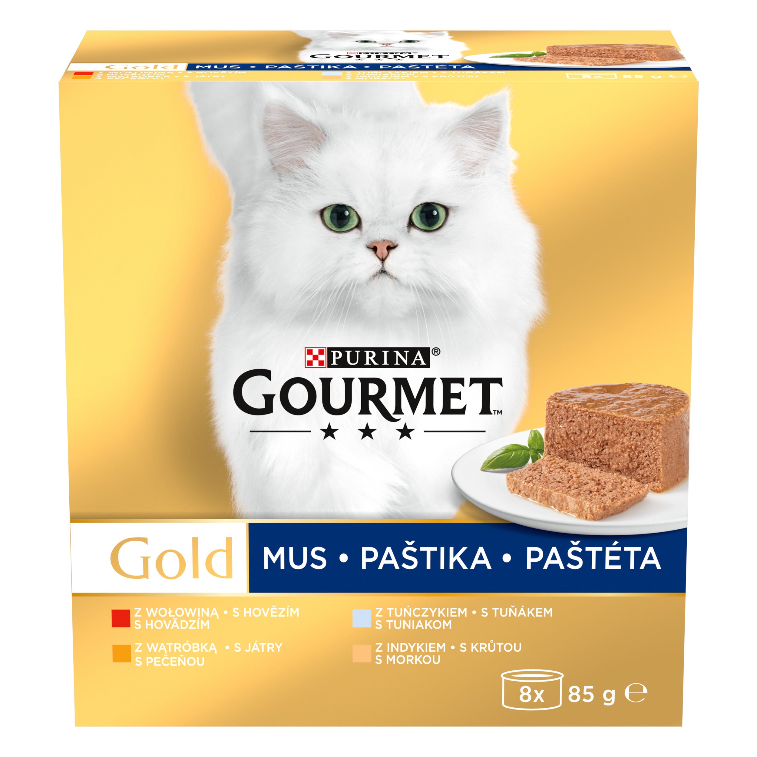 GOURMET® Gold Mousse – Vită, Ton, Ficat, Curcan (8x85g)