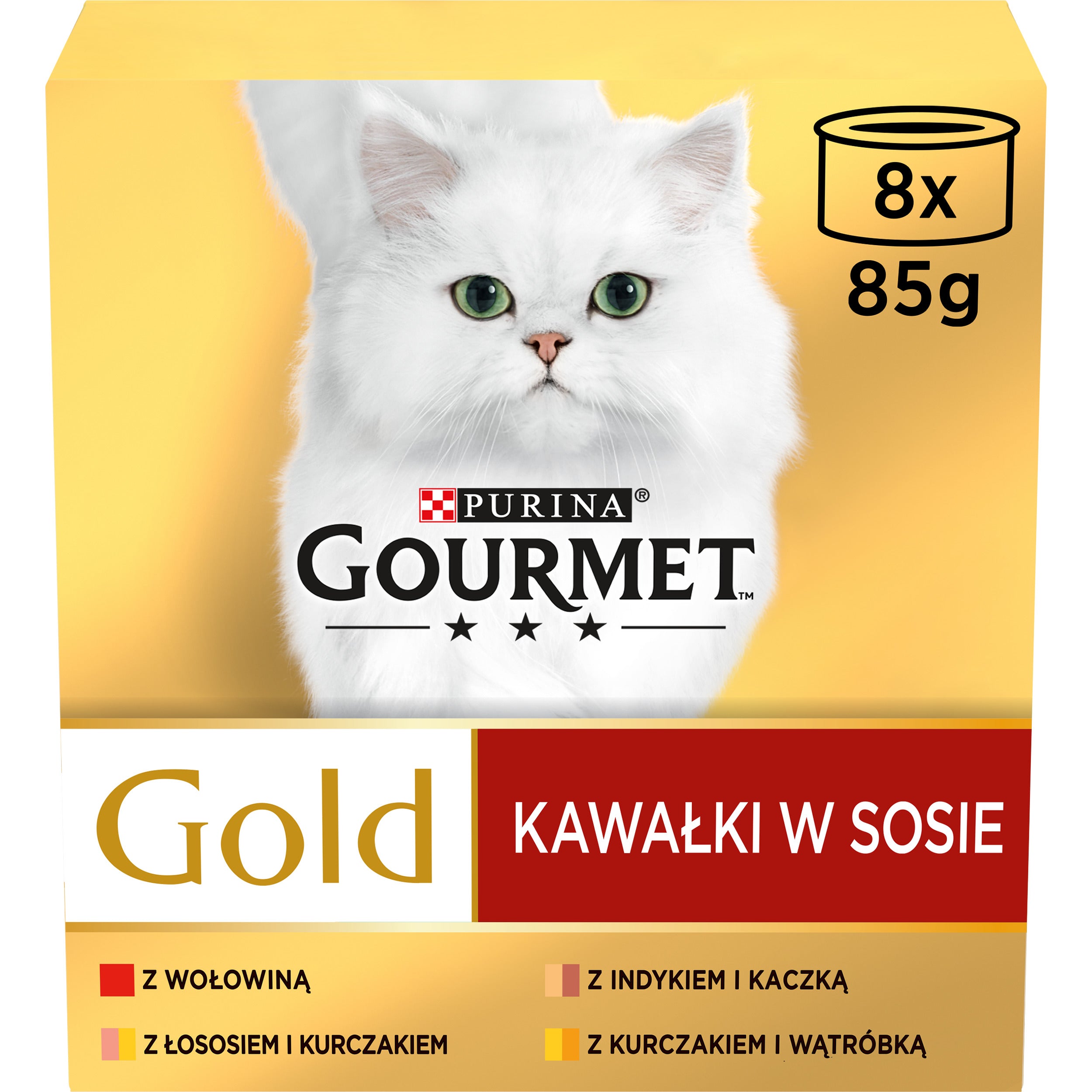 GOURMET® Gold Bucăți în Sos – Vită, Somon & Pui, Curcan & Rață, Pui & Ficat (8x85g)