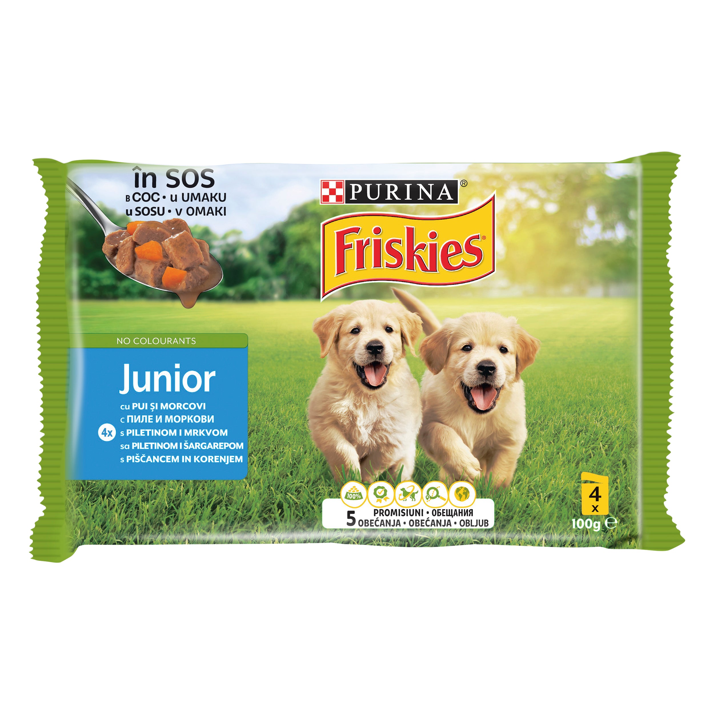 Friskies Junior cu Pui & Morcovi – Hrană umedă pentru puii de câine (4x100 g)