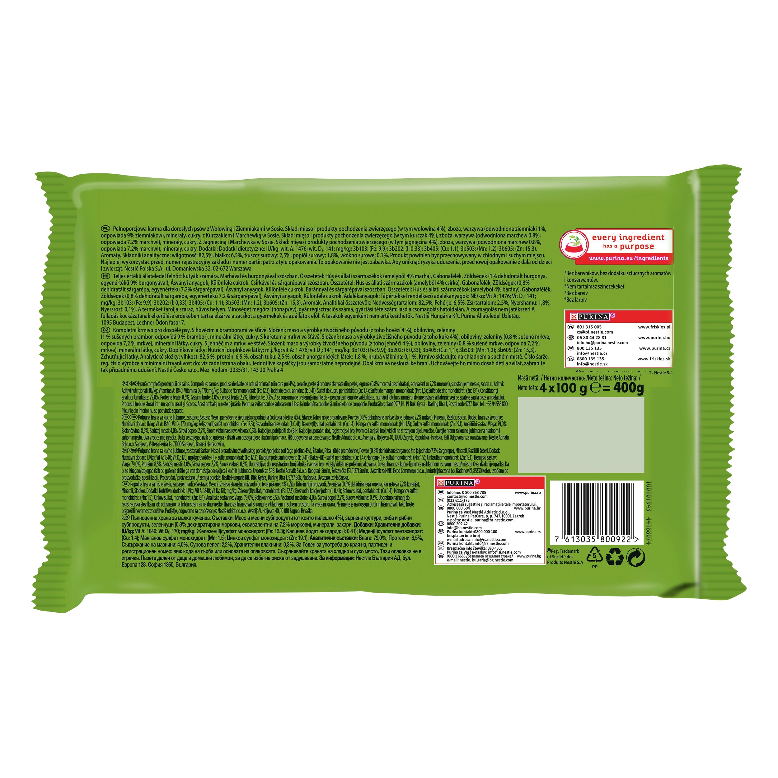Friskies Junior cu Pui & Morcovi – Hrană umedă pentru puii de câine (4x100 g)