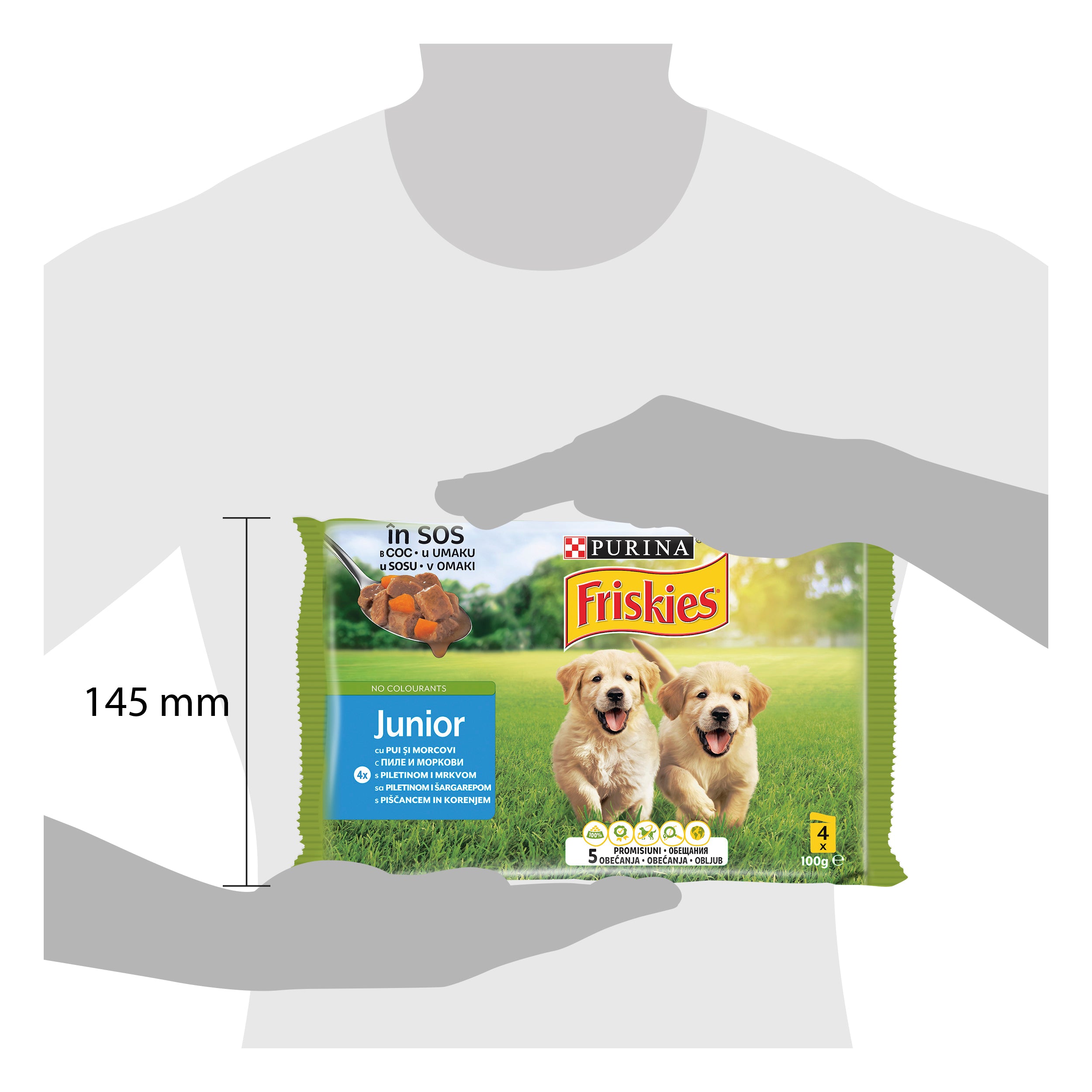 Friskies Junior cu Pui & Morcovi – Hrană umedă pentru puii de câine (4x100 g)