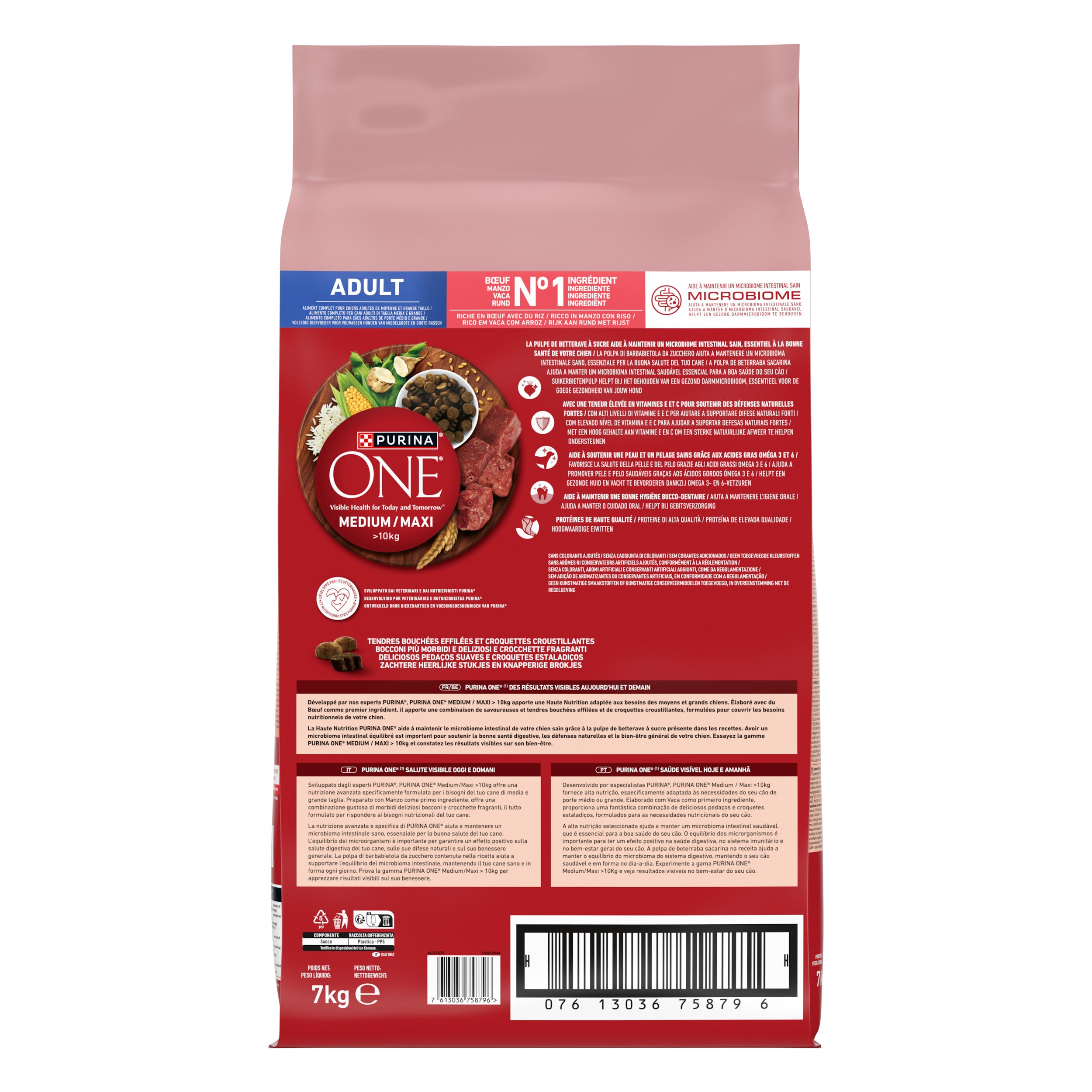 PURINA ONE® Adult Vită & Orez – Câini Medii/Mari, 7kg