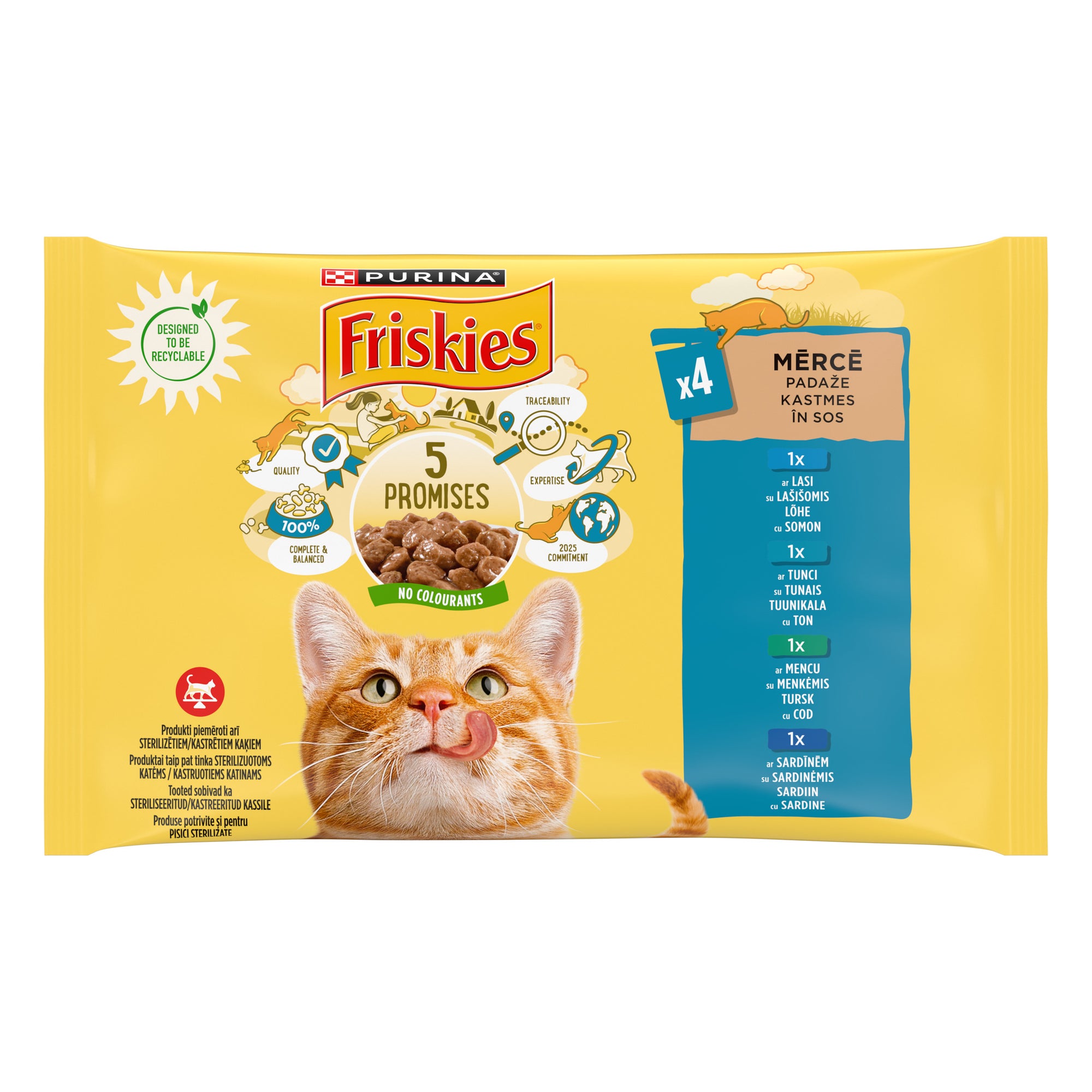 Friskies Adult – Cod, Somon, Sardină & Ton în sos (4x85g)
