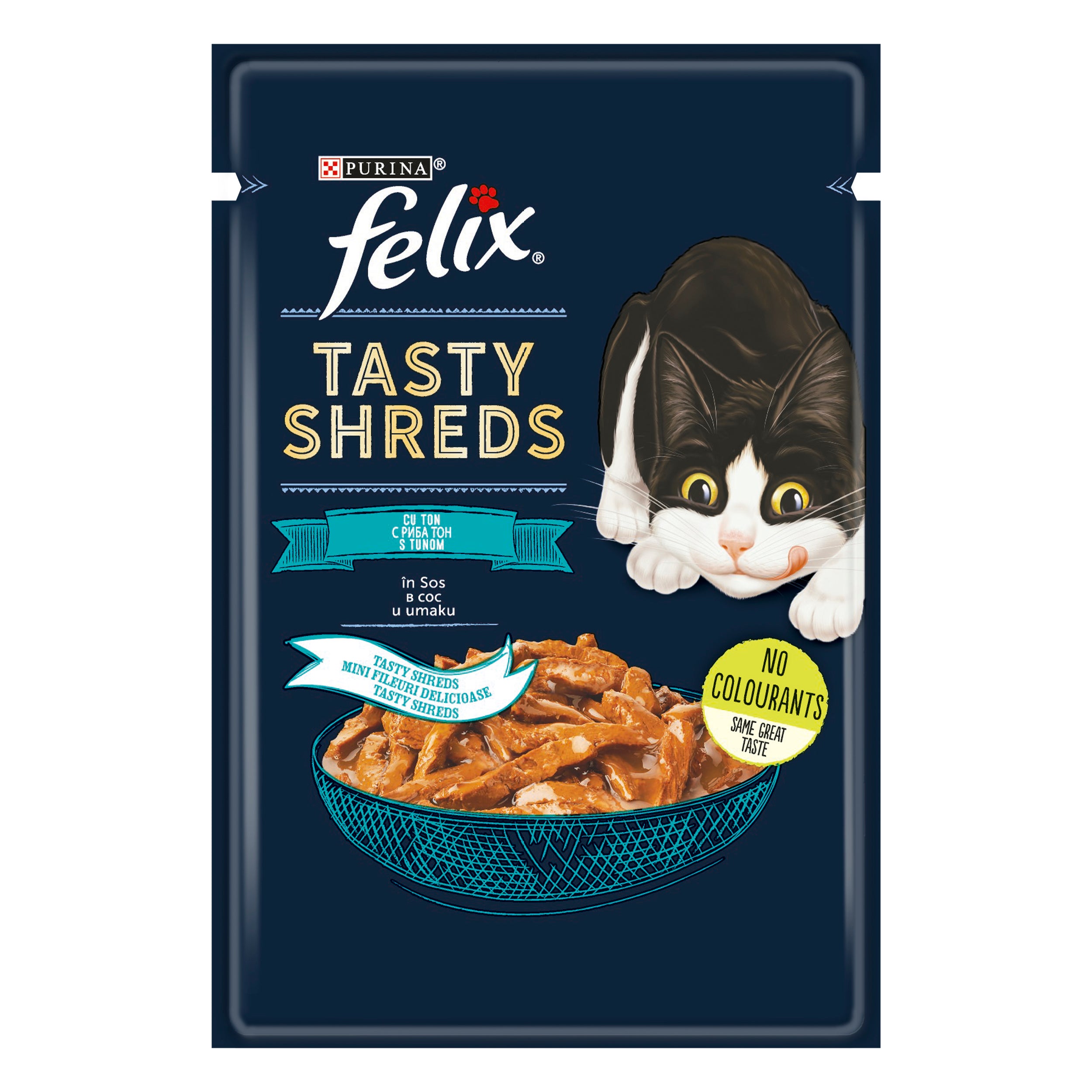 Felix Tasty Shreds Ton – Hrană umedă completă pentru pisici adulte (80g)