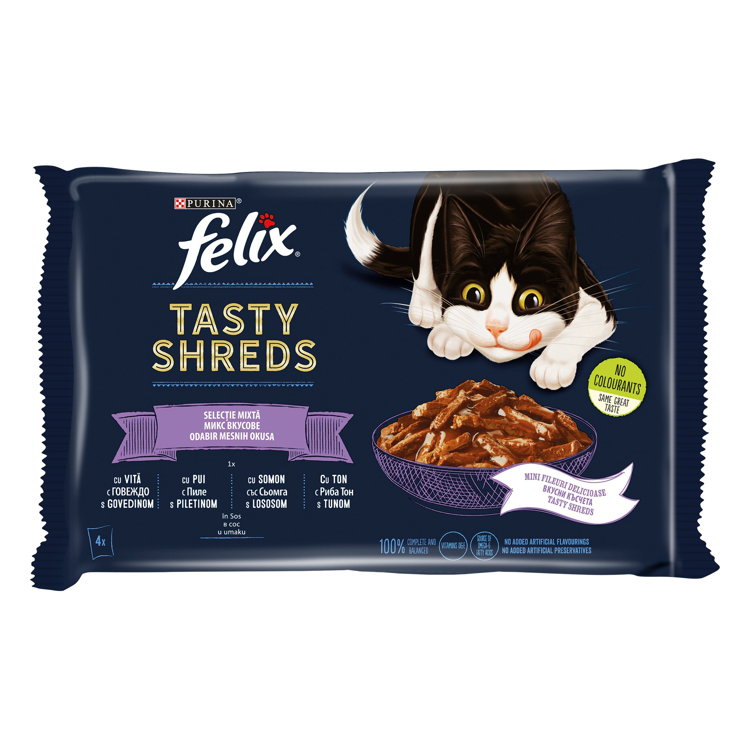 Felix Tasty Shreds Selecție Mixtă – Hrană umedă completă pentru pisici adulte (4x80g)