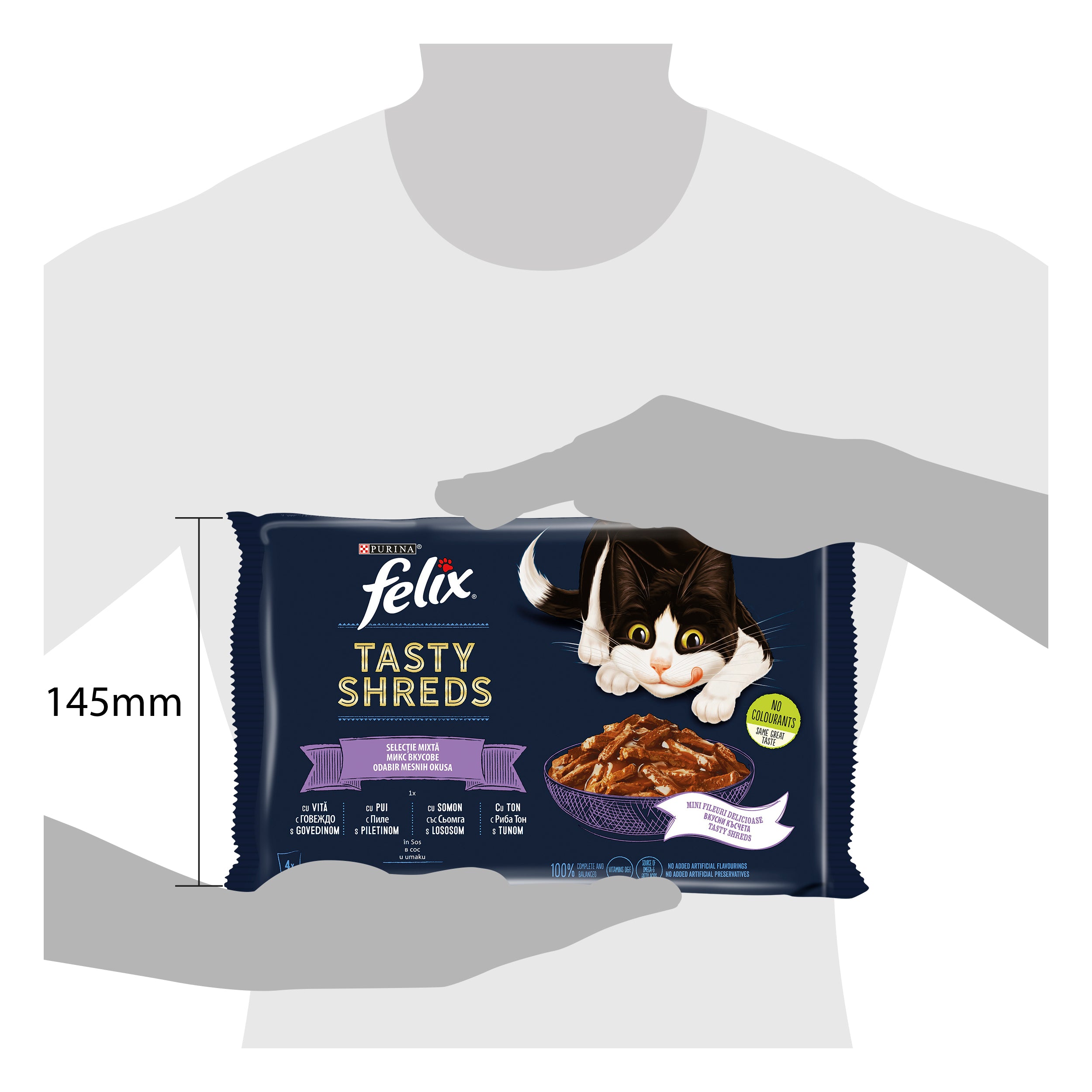 Felix Tasty Shreds Selecție Mixtă – Hrană umedă completă pentru pisici adulte (4x80g)