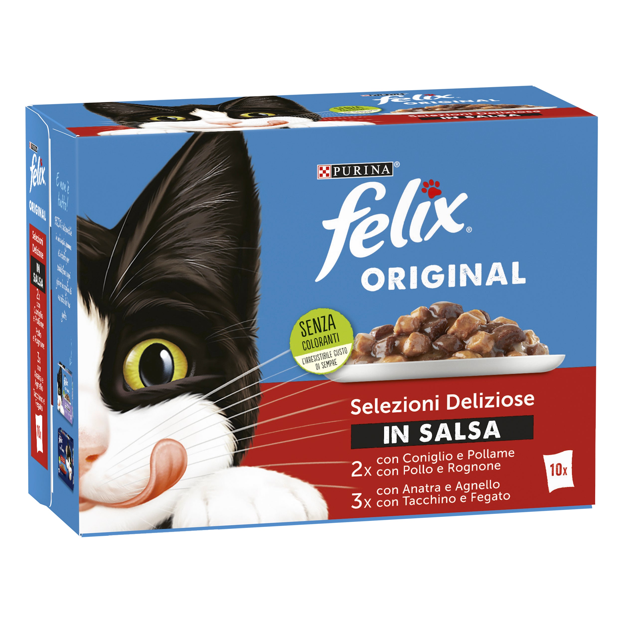 Felix Original Selecție în Sos – Hrană umedă pentru pisici cu Rață & Miel, Iepure & Pasăre, Curcan & Ficat, Pui & Rinichi (10x85g)