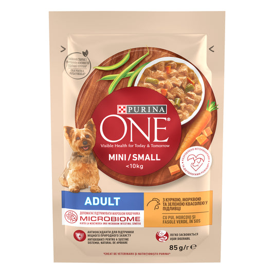 PURINA ONE® Mini Adult Pui, Morcovi & Fasole Verde – Hrană umedă câini talie mică 85g