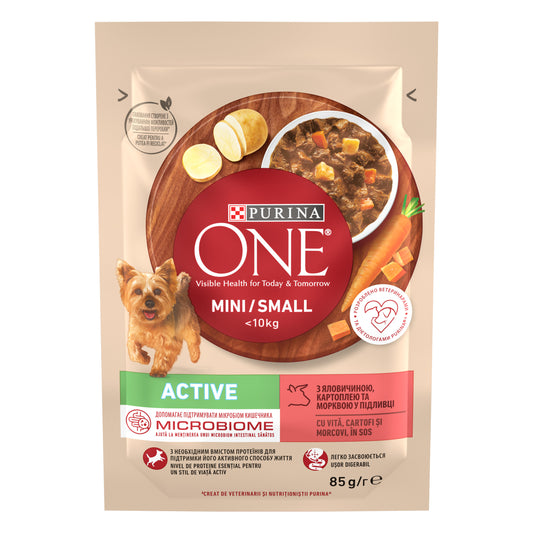 PURINA ONE® Mini Active Vită, Cartofi & Morcovi – Hrană umedă câini talie mică 85g