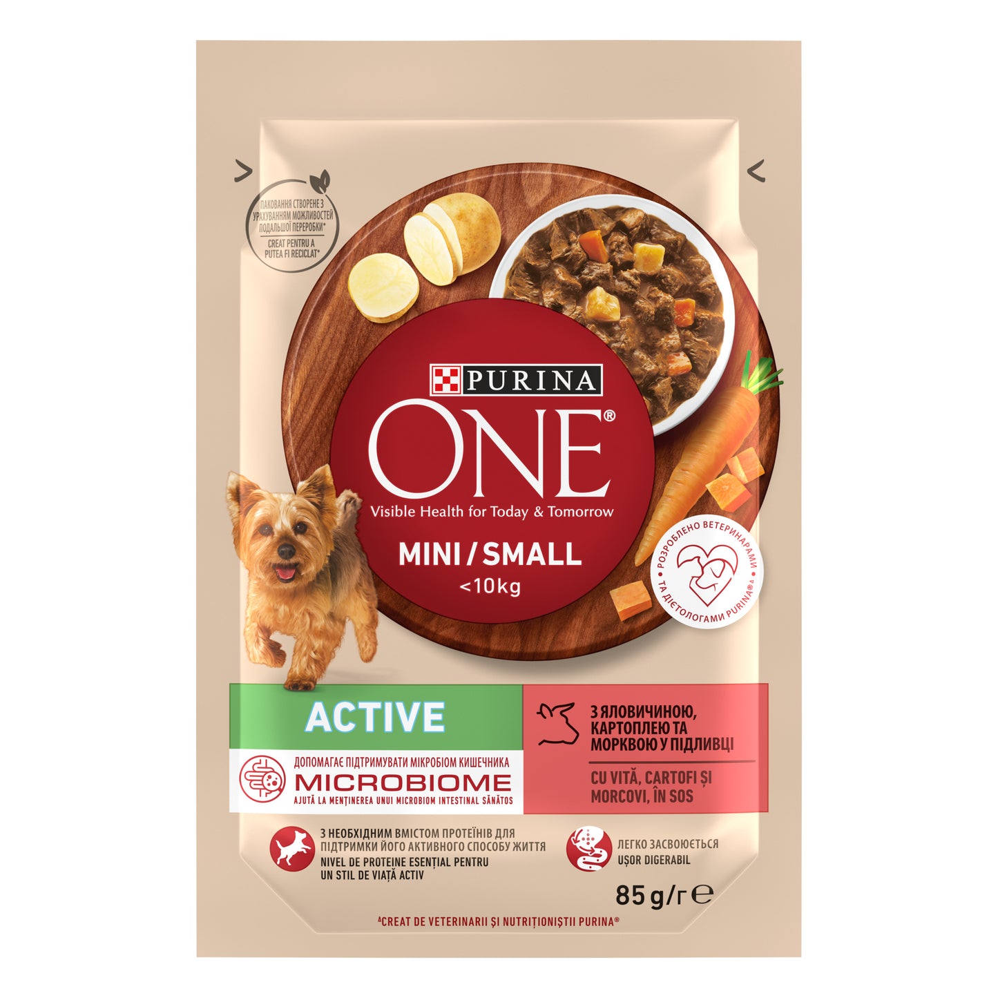 PURINA ONE® Mini Active Vită, Cartofi & Morcovi – Hrană umedă câini talie mică 85g