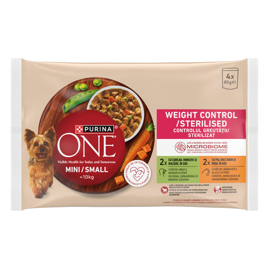 PURINA ONE® Mini Weight Control – Curcan, Morcovi, Mazăre, Pui, Orez Brun & Roșii (4x85g)