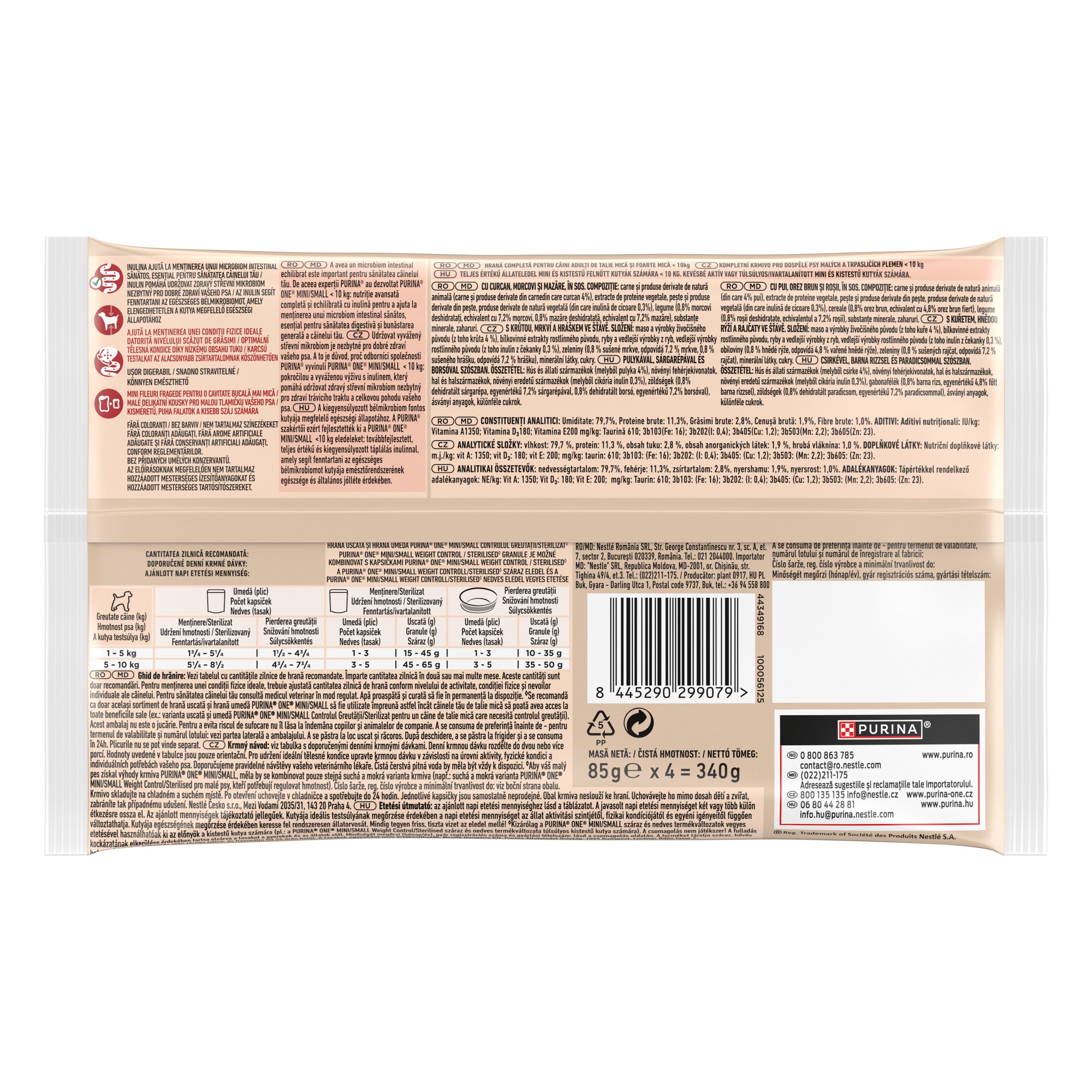 PURINA ONE® Mini Weight Control – Curcan, Morcovi, Mazăre, Pui, Orez Brun & Roșii (4x85g)