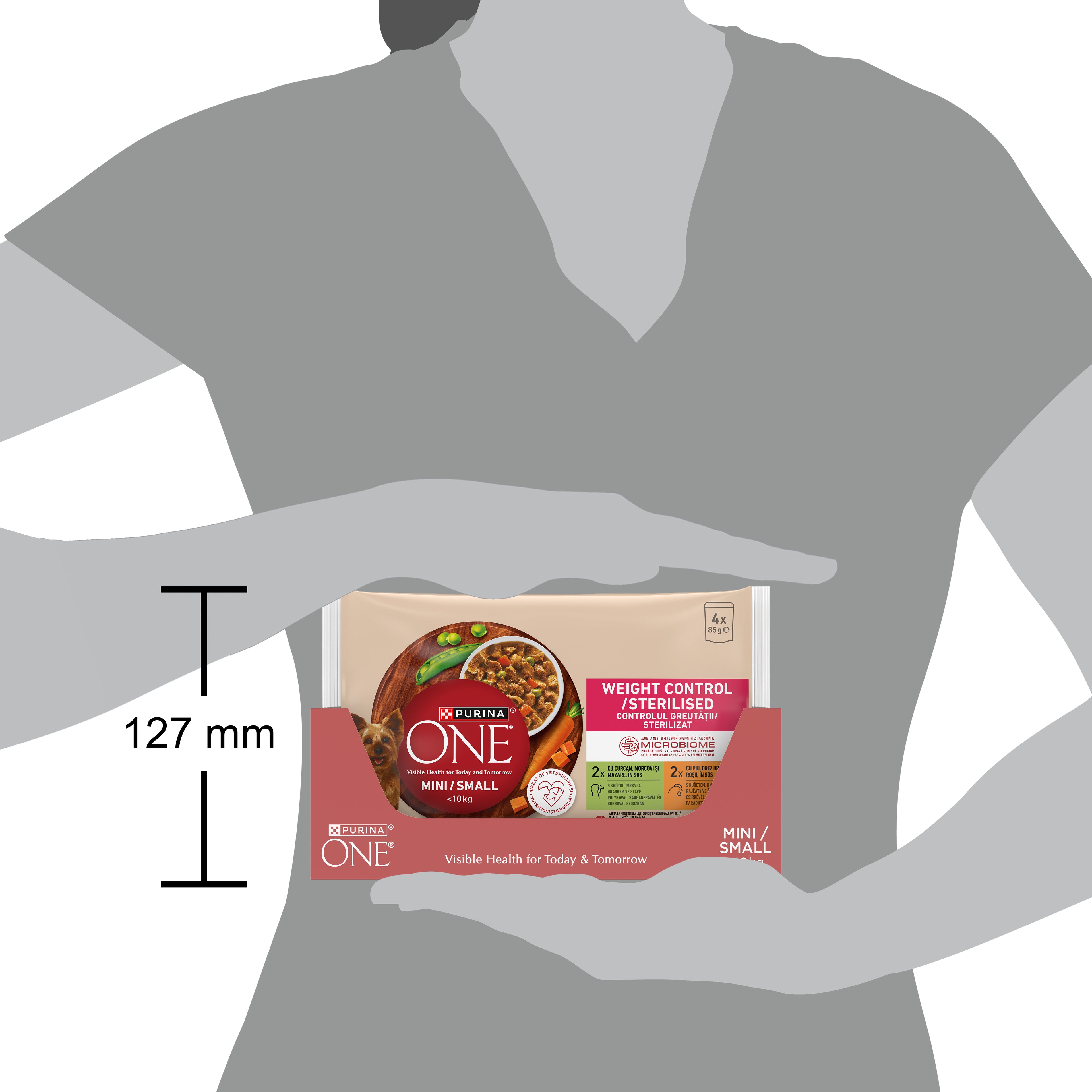 PURINA ONE® Mini Weight Control – Curcan, Morcovi, Mazăre, Pui, Orez Brun & Roșii (4x85g)
