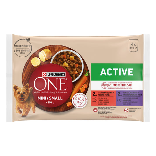 PURINA ONE® Mini Active – Vită, Cartofi, Morcovi, Rață, Paste & Fasole Verde (4x85g)