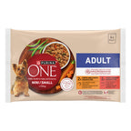 PURINA ONE® Mini Adult – Pui, Morcovi & Fasole Verde + Vită, Cartofi & Mazăre (4x85g)
