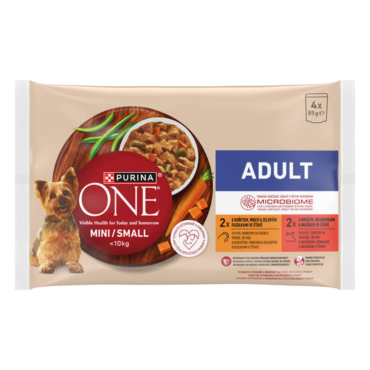 PURINA ONE® Mini Adult – Pui, Morcovi & Fasole Verde + Vită, Cartofi & Mazăre (4x85g)