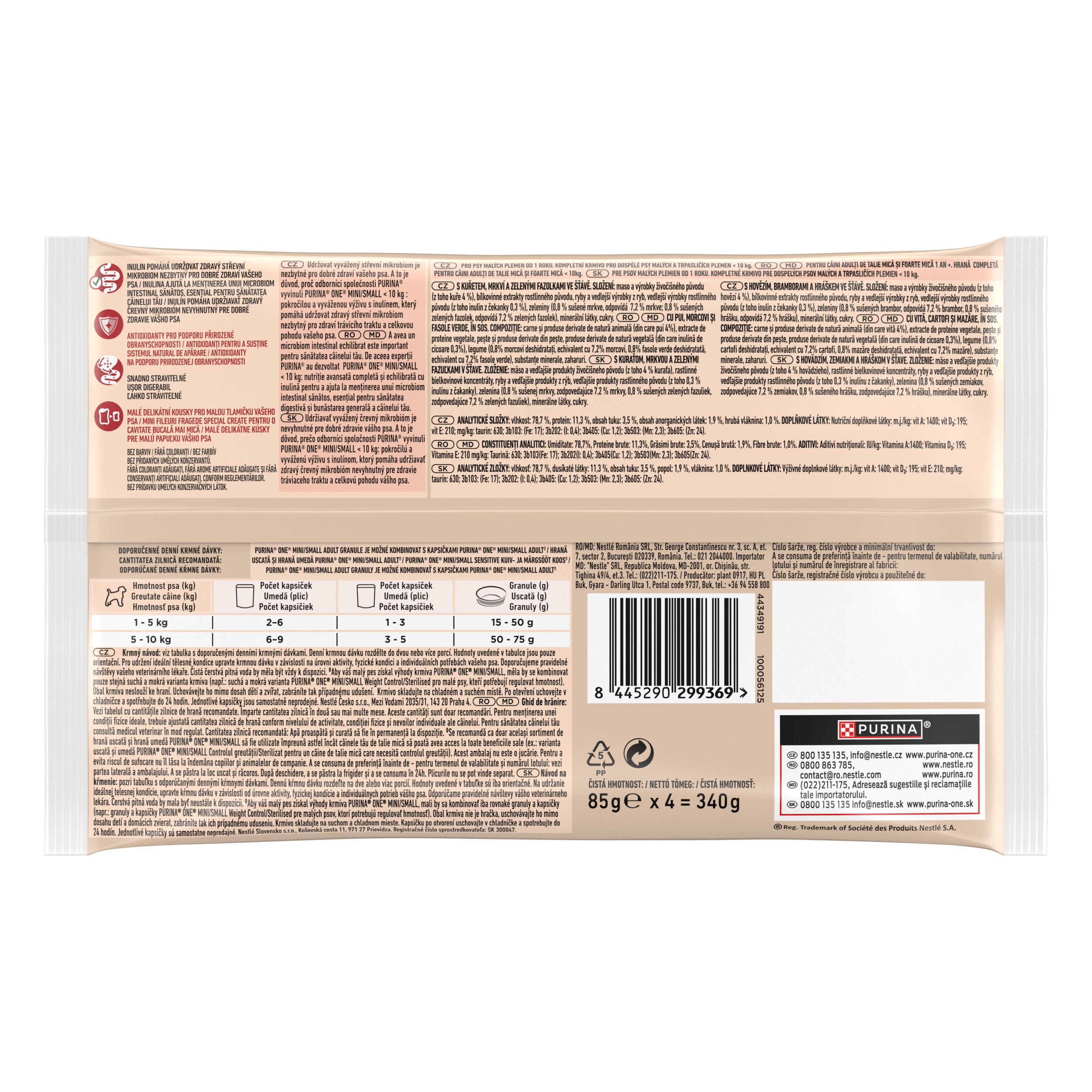 PURINA ONE® Mini Adult – Pui, Morcovi & Fasole Verde + Vită, Cartofi & Mazăre (4x85g)