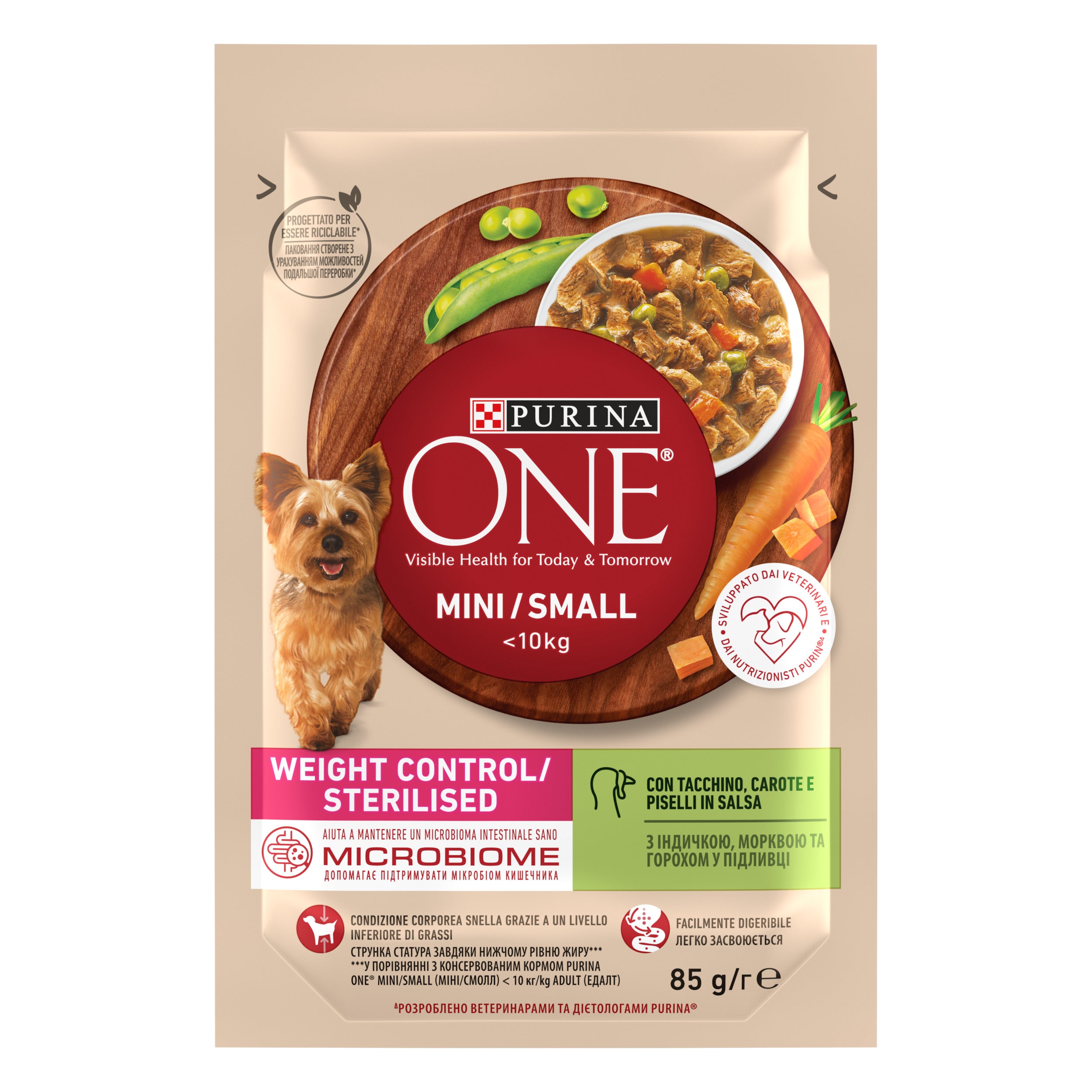 PURINA ONE® Mini Weight Control – Curcan, Morcovi & Mazăre (85g)