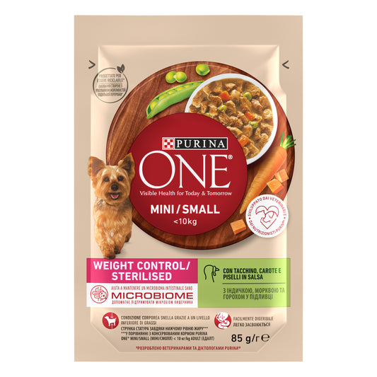 PURINA ONE® Mini Weight Control – Curcan, Morcovi & Mazăre (85g)
