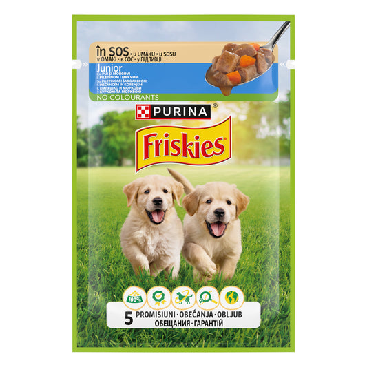 Friskies Junior cu Pui & Morcovi – Hrană umedă pentru cățeluși (85 g)