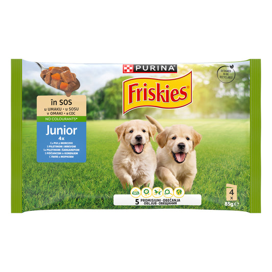 Friskies Junior cu Pui & Morcovi – Hrană umedă pentru cățeluși (4 x 85 g)