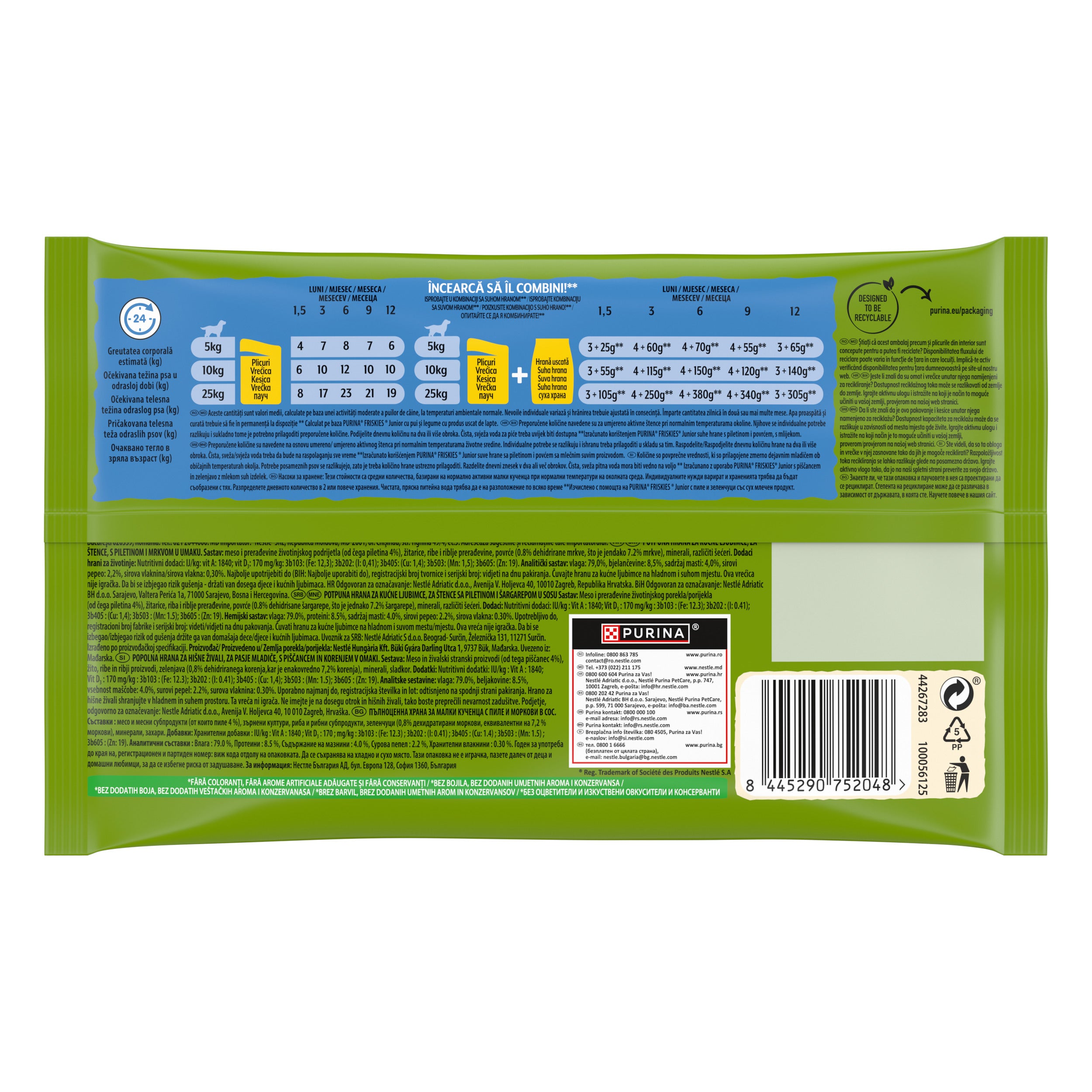 Friskies Junior cu Pui & Morcovi – Hrană umedă pentru cățeluși (4 x 85 g)