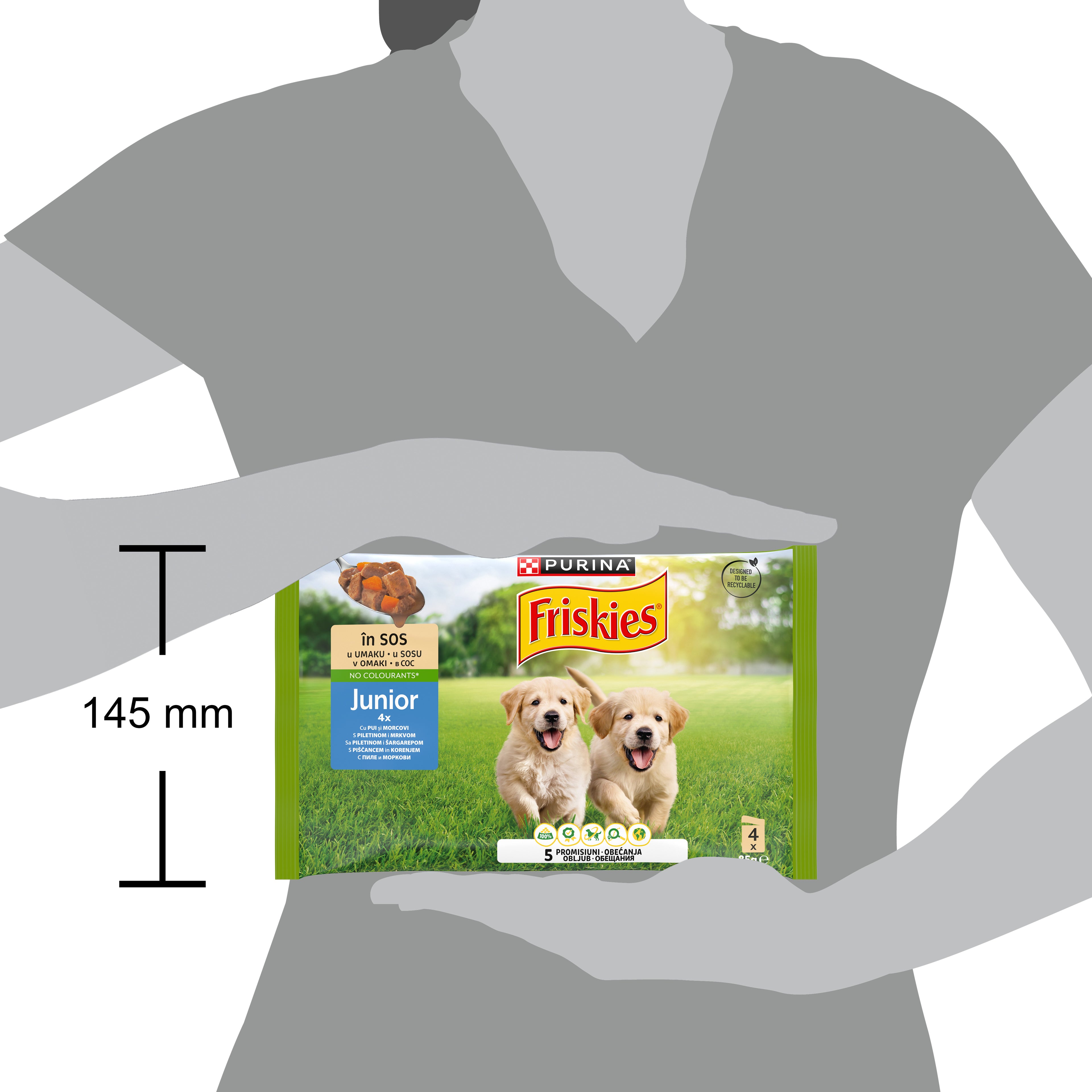 Friskies Junior cu Pui & Morcovi – Hrană umedă pentru cățeluși (4 x 85 g)