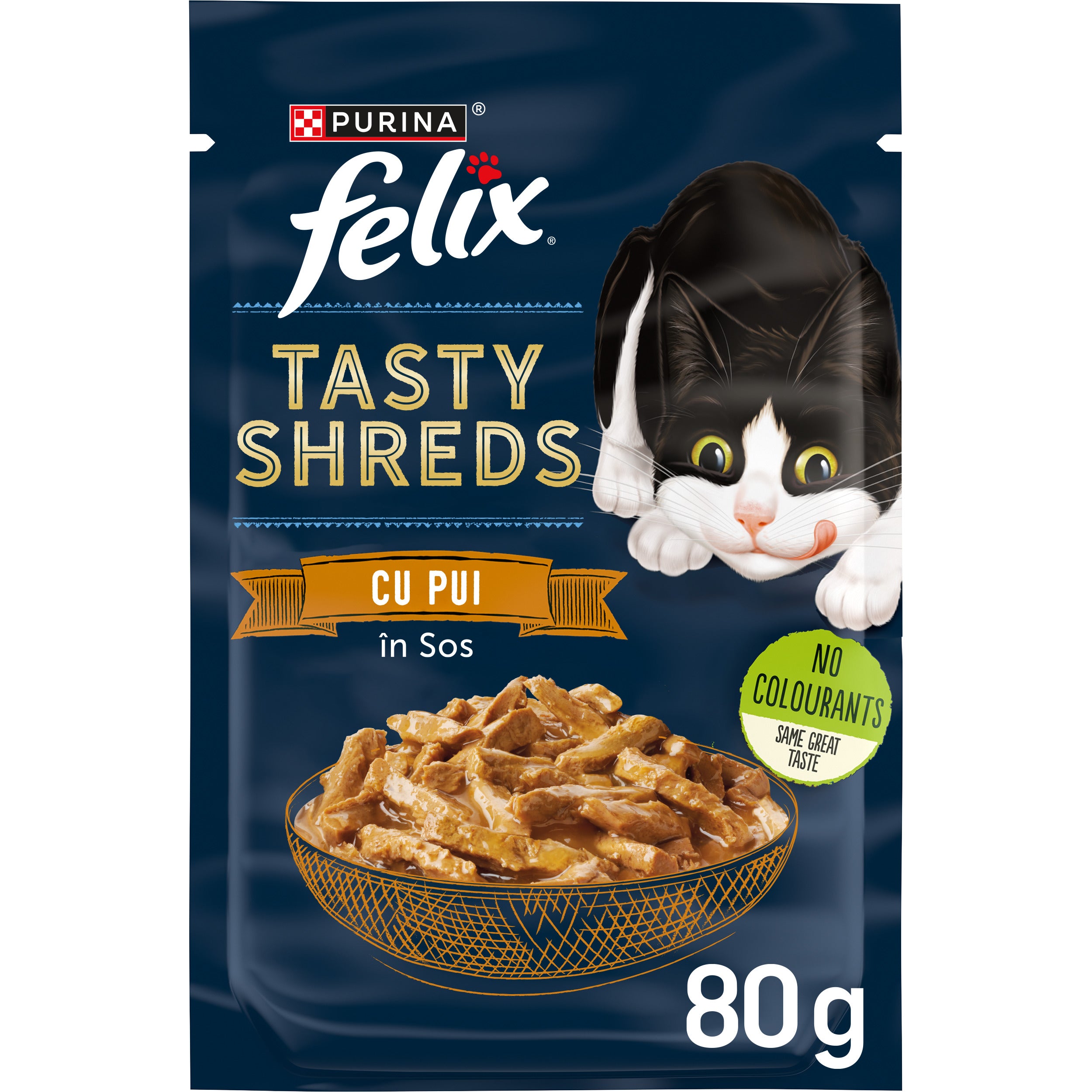 Felix Tasty Shreds cu Pui – Hrană umedă pentru pisici adulte (80g)